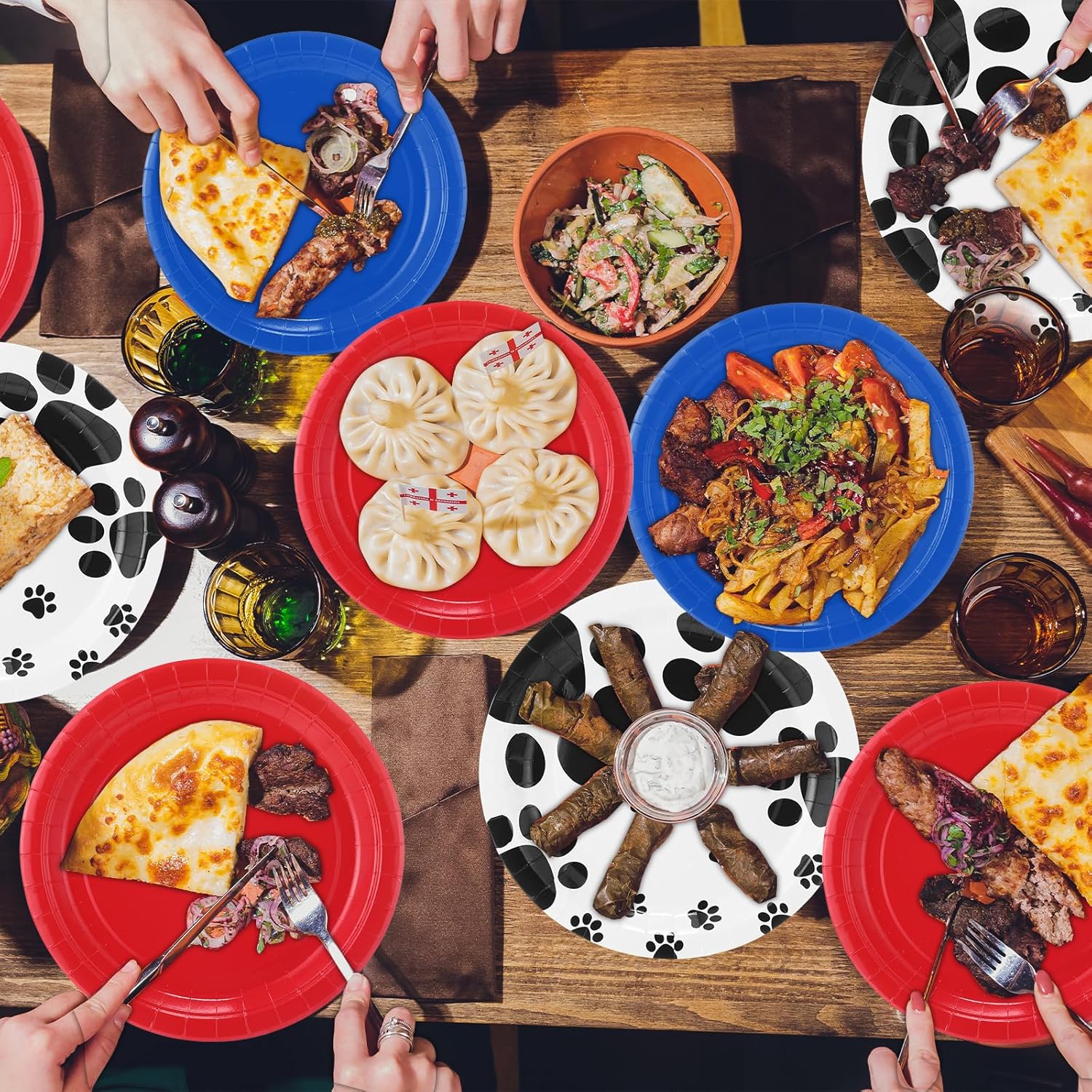 LemonRoad 48 Pcs Puppy Dog Pet Paw Print Party Paper Plates for Dog Themed Supplies 7" Yellow Red Blue Disposable Dessert Plates for Pet Birthday Puppy Theme Shower Party Decorations