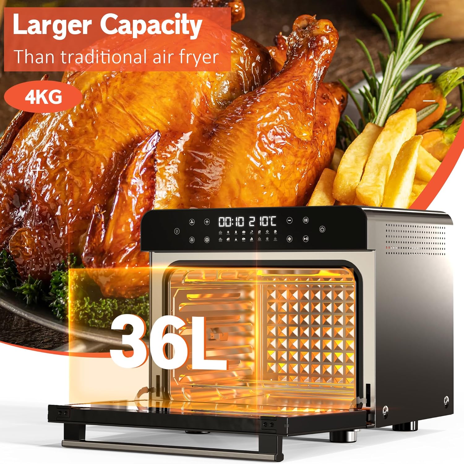 Karinear Air Fryer Oven illustrating its 36L capacity with a roasted chicken and vegetables