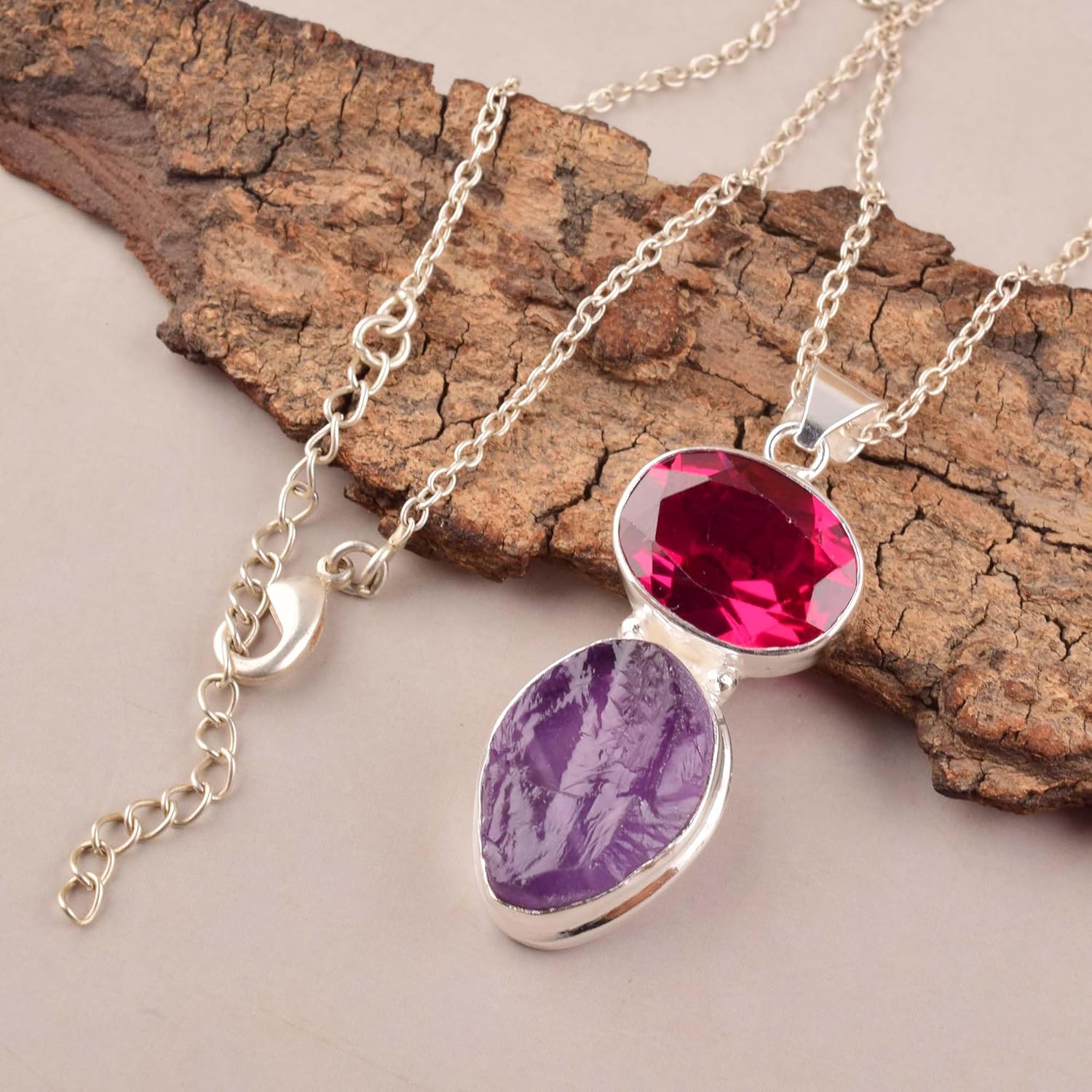 Ruby and Raw Amethyst Crystals Pendant Necklace, Healing Crystals, Birthday, Gift for Her, Dainty Handmade Bezel Gemstone Jewelry 18 inch AAA+ Quality - Image 5