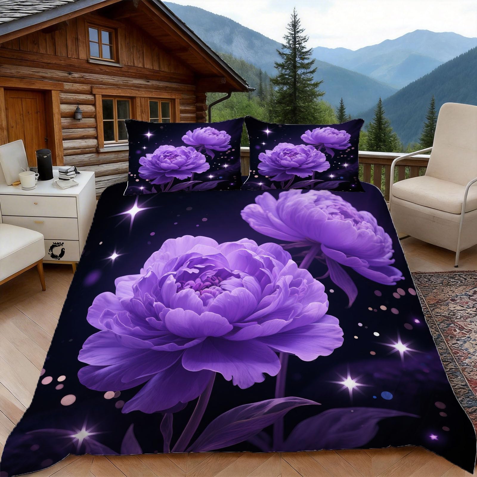 Housse de Couette 220x240 Pivoine Parure de Lit Finition Éclair Haut de Gamme