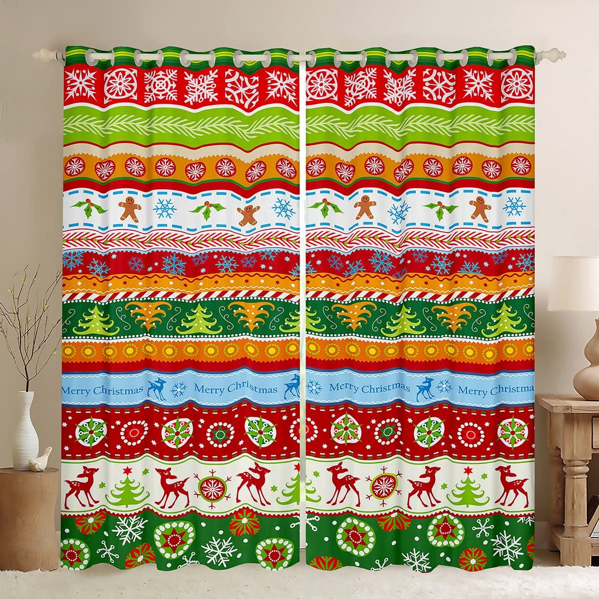 Loussiesd Merry Christmas Blackout CurtainsXmas Elk Antlers Curtain Trees Snowflake Darkening Window Dreapes for Bedroom Child Gree Red Window Treatments W52*L63