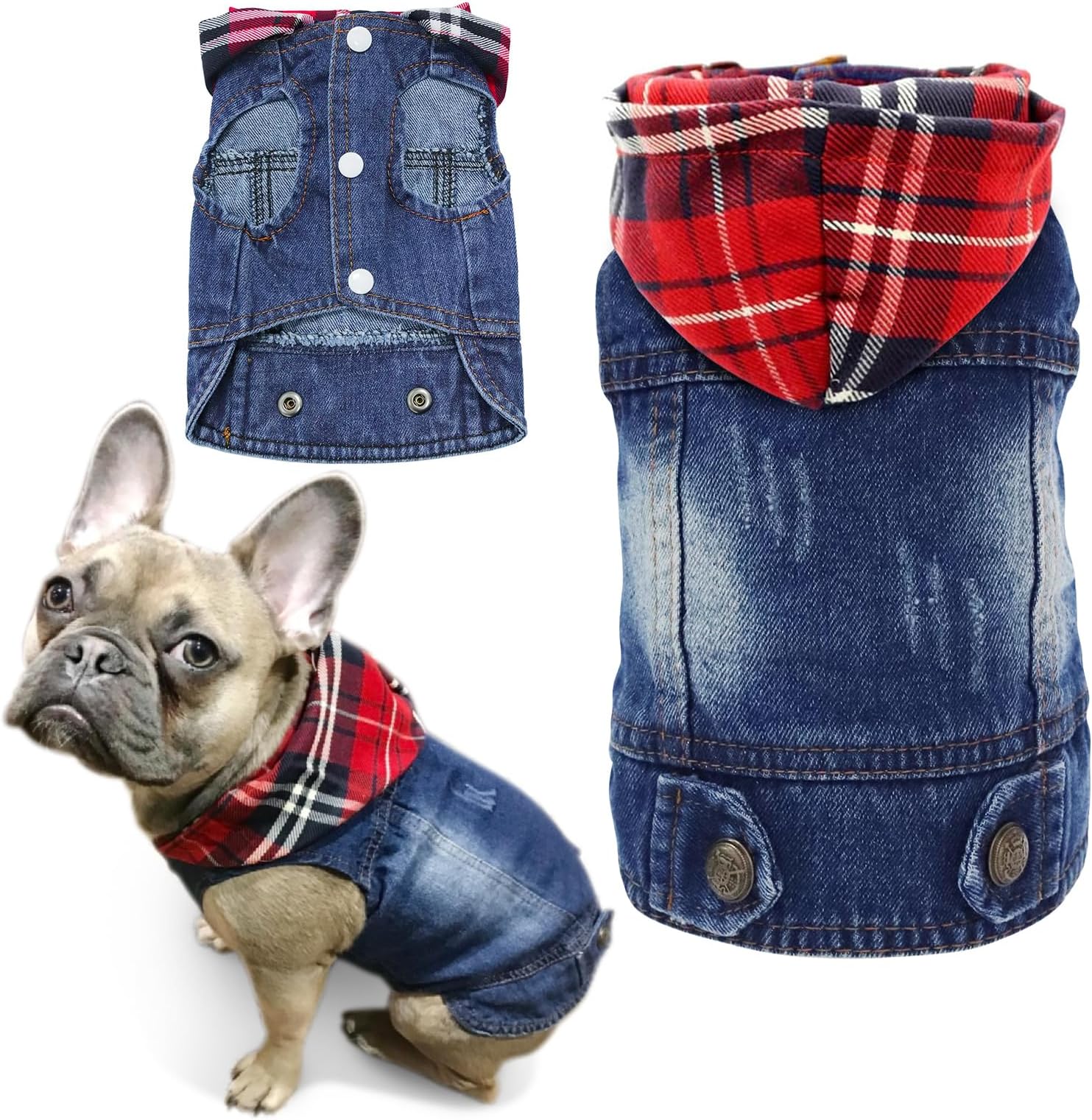 SILD Pet Clothes Dog Jeans Jacket Cool Blue Denim Coat Small Medium Dogs Lapel Vests Classic Hoodies Puppy Blue Vintage Washed Clothes (Plaid Hat,XS)