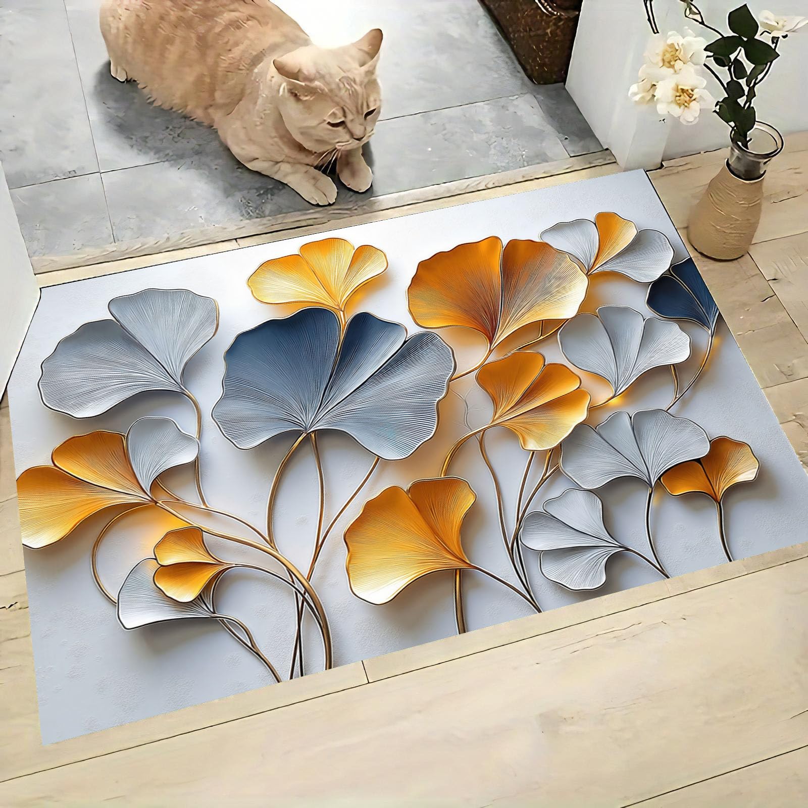 Tapis d'entrée 3D Ginkgo gris argenté 60x90 cm lavable