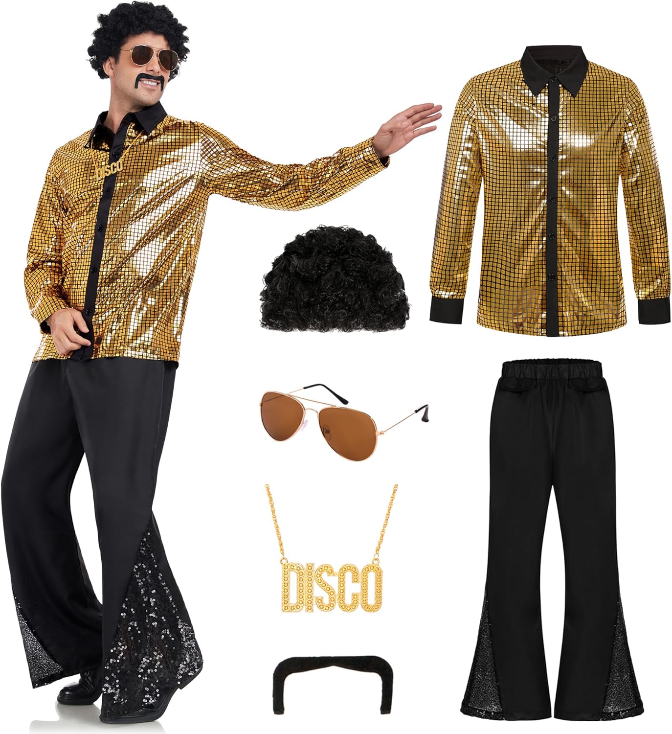 Men's 70s Disco Outfit Costume Set Retro Bell Bottom Shirts Wigs Necklace Mustache Sunglasses for Halloween Party
