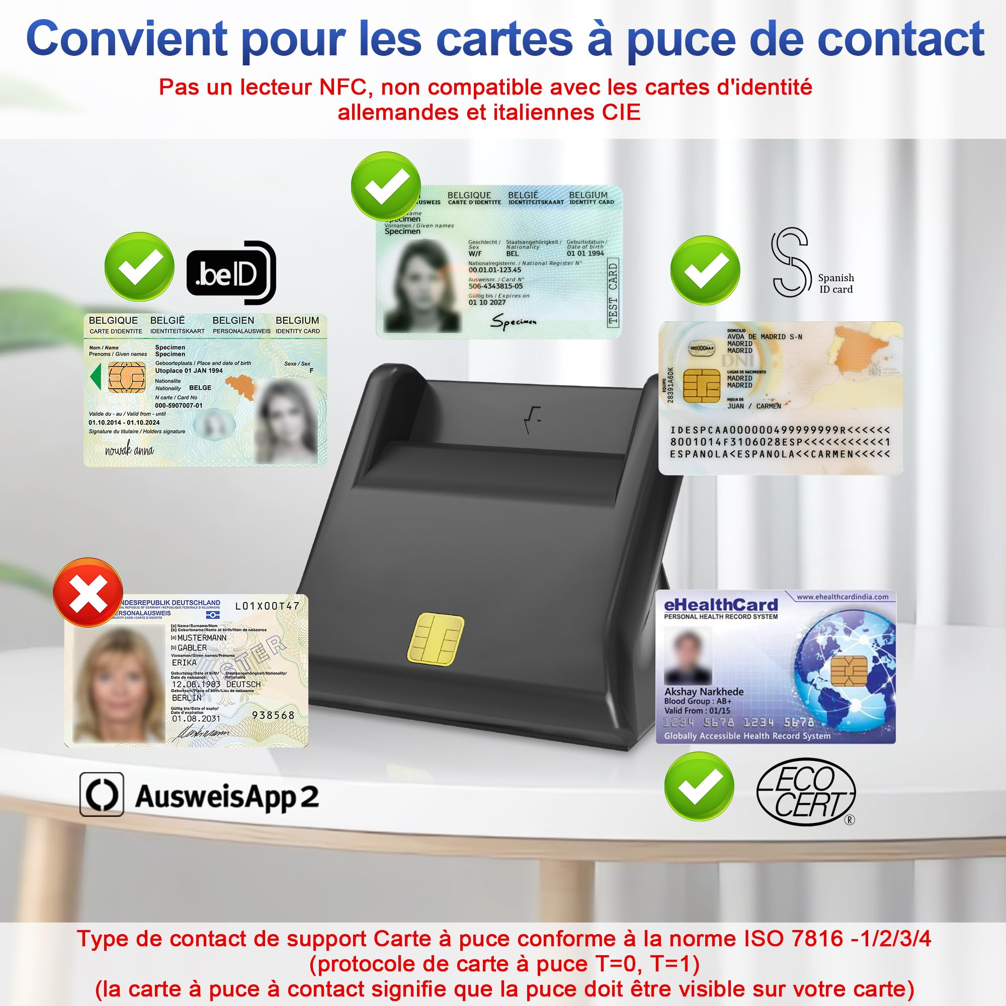 Lecteur Carte Identité Belge - ID Card Reader-Plug & Play-Conforme ISO 7816 Classe A,B,C, Câble de 50cm pour Identité Belge, Pas de Pilote nécessaire - LED de Contact