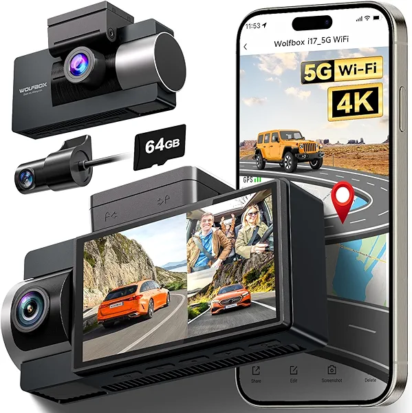 WOLFBOX i17 4K 3 Channel Dash Cam, 5.8GHz WiFi & GPS with 64GB Card, 4K+1080P+1080P Dash Cam Front and Rear Inside, Triple Car Camera with 3 Inch Screen, IR Night Vision, WDR, 24H Parking Mode