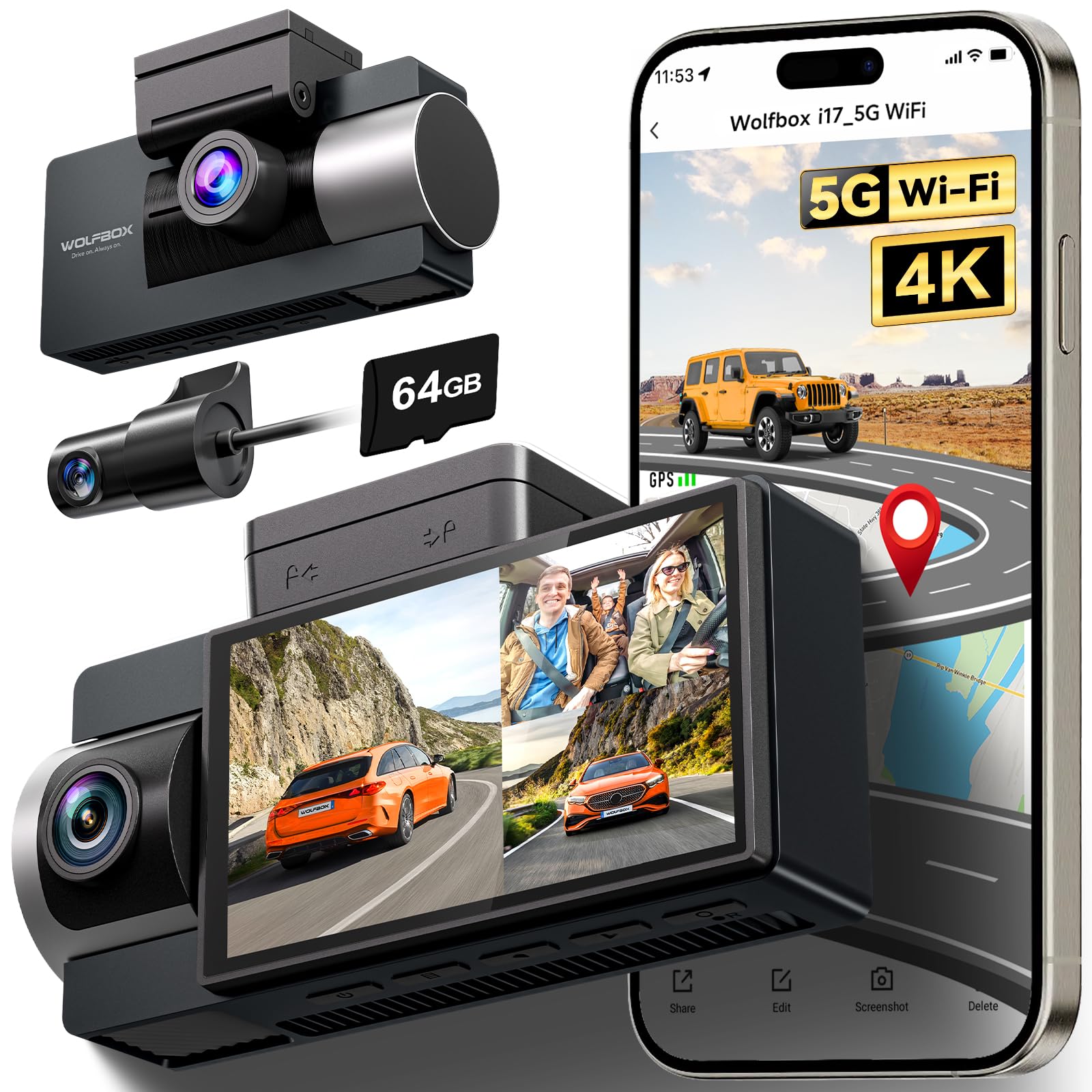 WOLFBOX i17 4K 3 Channel Dash Cam, 5.8GHz WiFi & GPS with 64GB Card, 4K+1080P+1080P Dash Cam Front and Rear Inside, Triple Car Camera with 3 Inch Screen, IR Night Vision, WDR, 24H Parking Mode