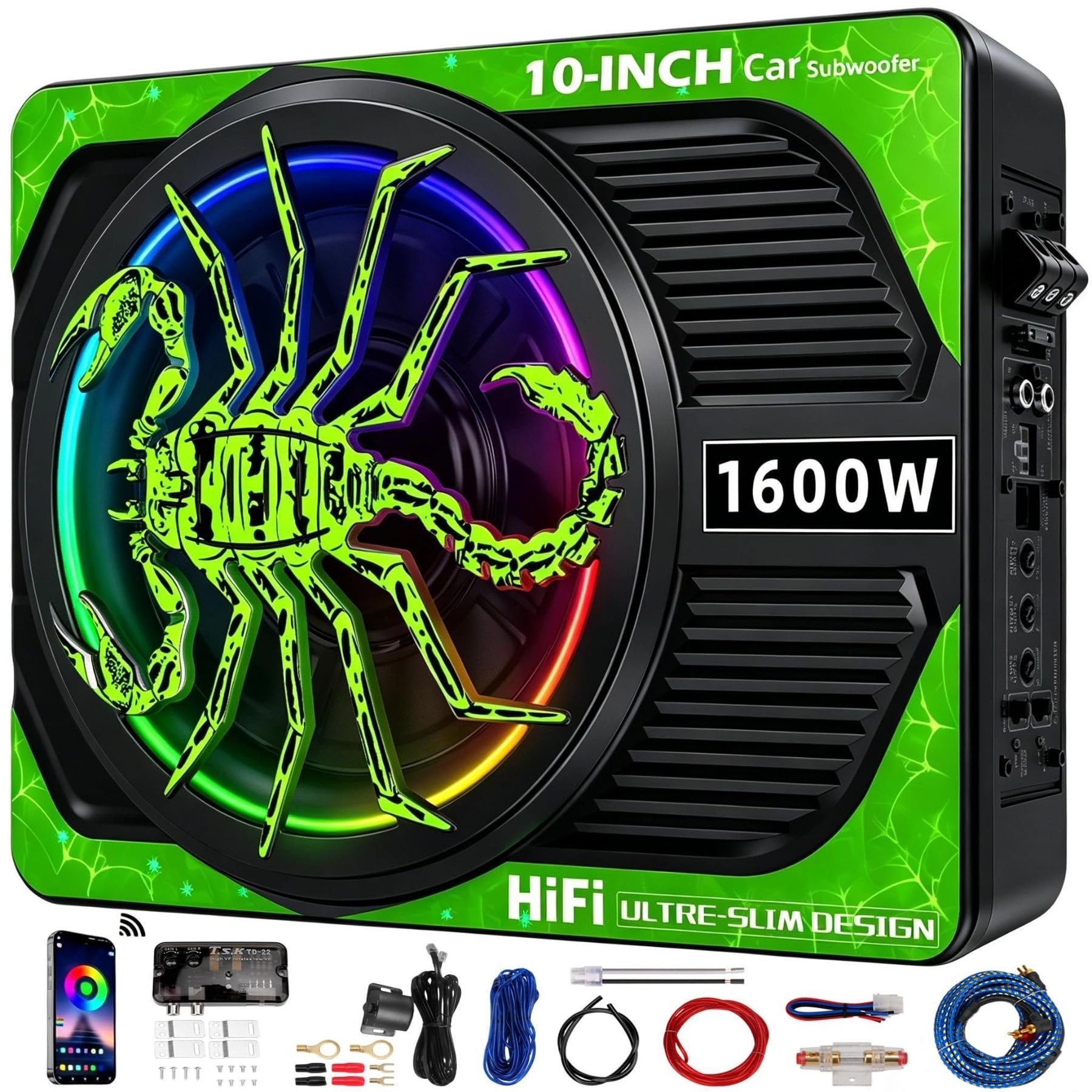 2026 Upgraded 10" 1600W Slim Under Seat Car Subwoofer with Built-in Amp & LED Ambient Lights - Low Profile Bass Sub for Car Audio Individual Controls (LPF/Gain/Bass Boost) High Output Distortion-Free