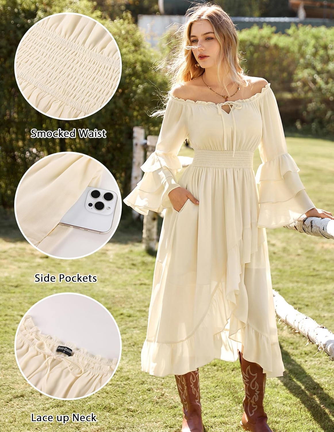 Scarlet Darkness Renaissance Dress Women Medieval Off Shoulder Peasant Dress Flowy Ruffle Sleeve Smocked Maxi Dress