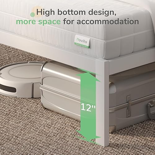 Miniatura 5 de Novilla Base de cama Queen con cabecero, marco de cama de plataforma de metal, resistente, no necesita somier, soporte de listones de madera, fácil