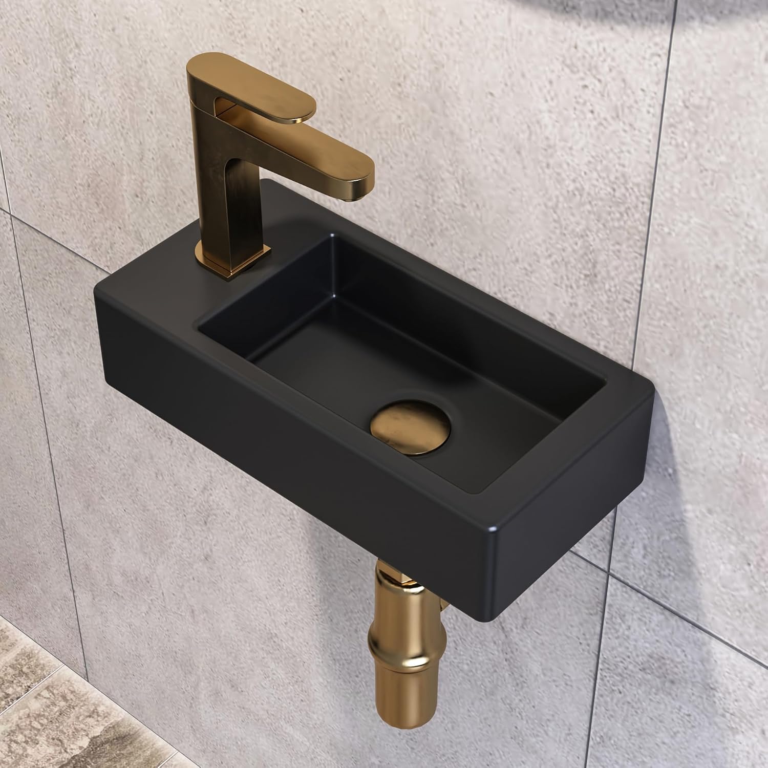 DeerValley Wall Mount Sink, Mini Matte Black Rectangle Vessel Sink, Small Bathroom Cloakroom Ceramic Wash Basin Wall Hung Sink for Small Space(Left Hand)