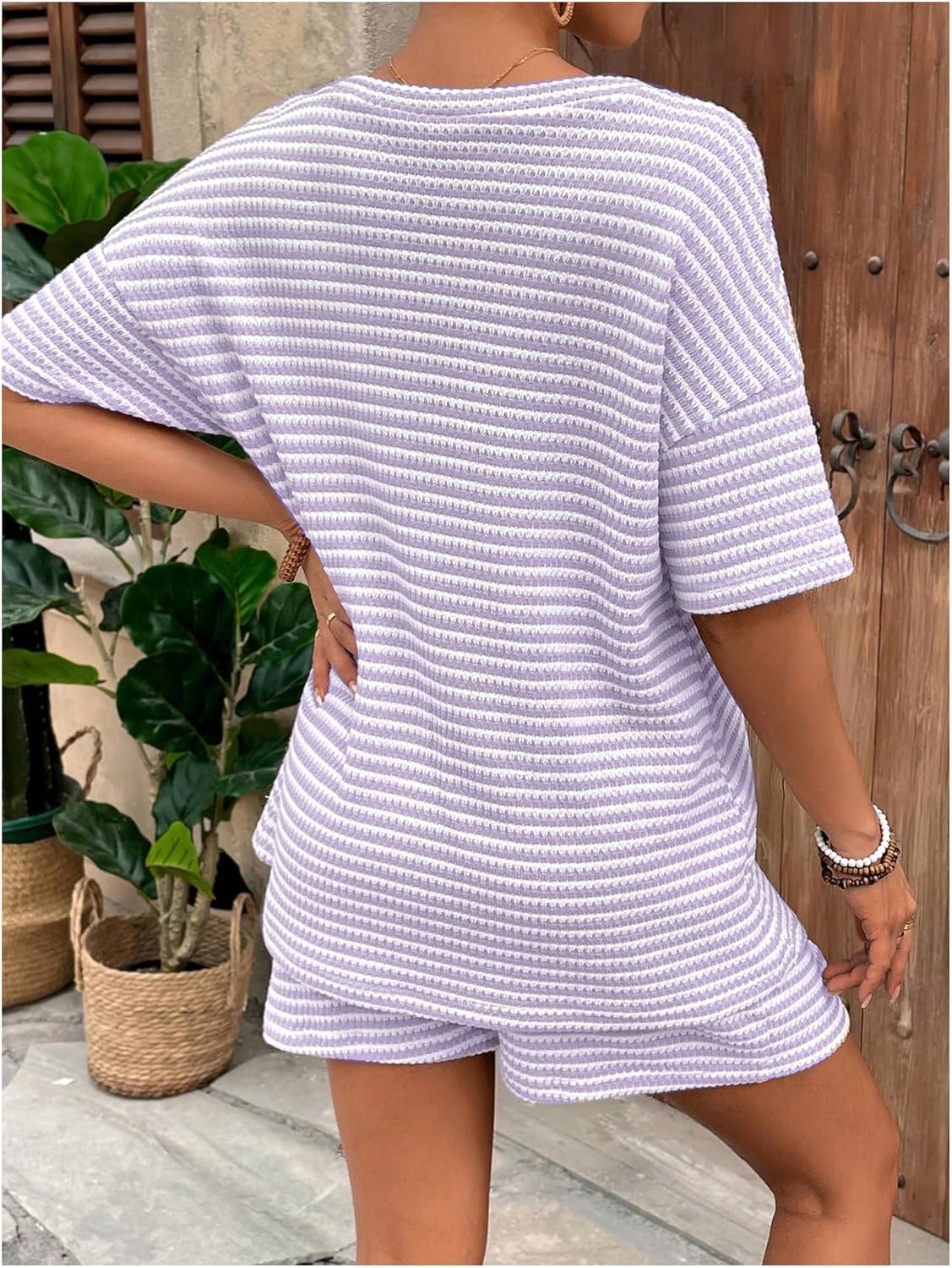 SweatyRocks Women's Maternity 2 Piece Outfits Summer Striped Shorts Sets with Tee Top - Image 2