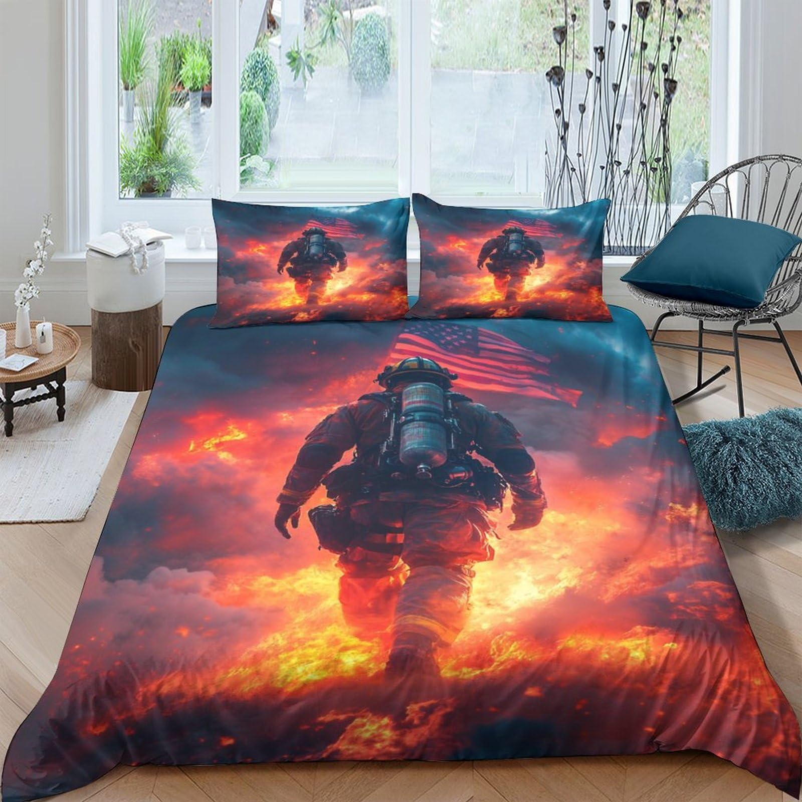 Ctjqhvkz Style-10 3D Printed Firefighter Theme Fitted Sheet Microfiber Orange Red Flames Mattress Cover For Bedroom Dorm Decor Single（135X200cm）