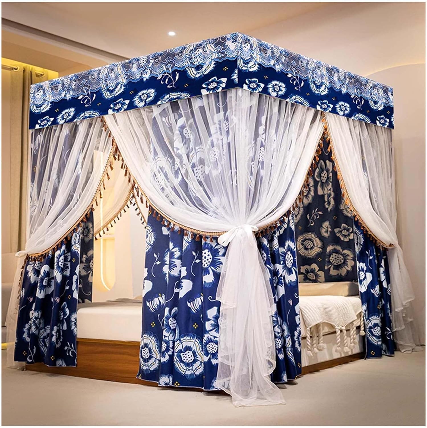 Canopy Bed Frame Post with Double Layer Curtain, Stainless Steel 4 Corners Bed Canopy, Princess Mosquito Net for Bedroom