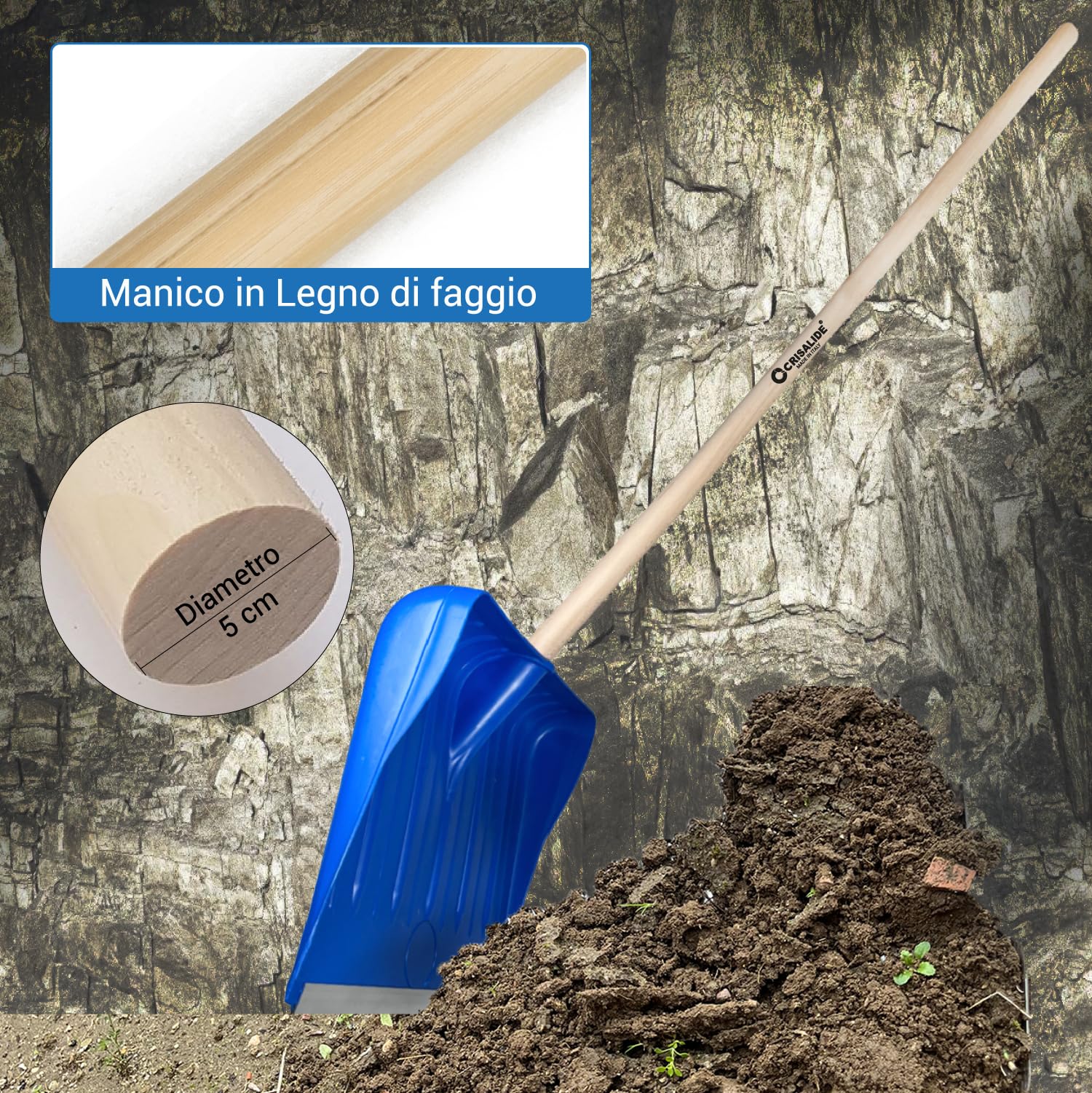 Crisalide® - Baie professionnelle en ABS, extrémités renforcées en aluminium anti-choc, 45 x 38 cm, poignée 135 cm, polyvalente pour usage agricole, jardinage et construction, pelle ergonomique