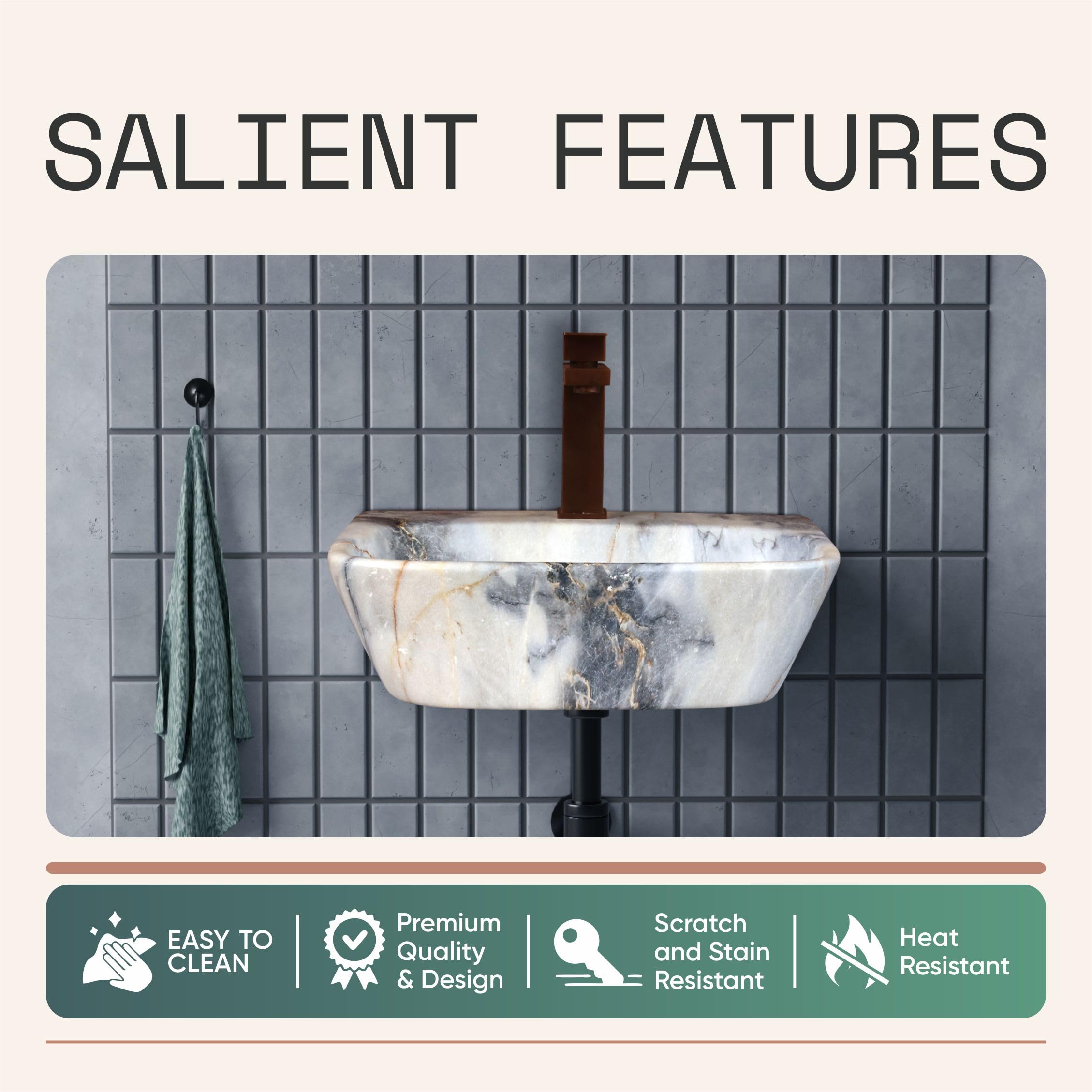 HISRE Wall Mount Wash Basin 17 x 12 x 5 Inch | White Ceramic Sink with Grey & Golden Marble Finish | Modern Rectangular Bathroom Basin for Home, Office, and Hotels, photo 5 of 5