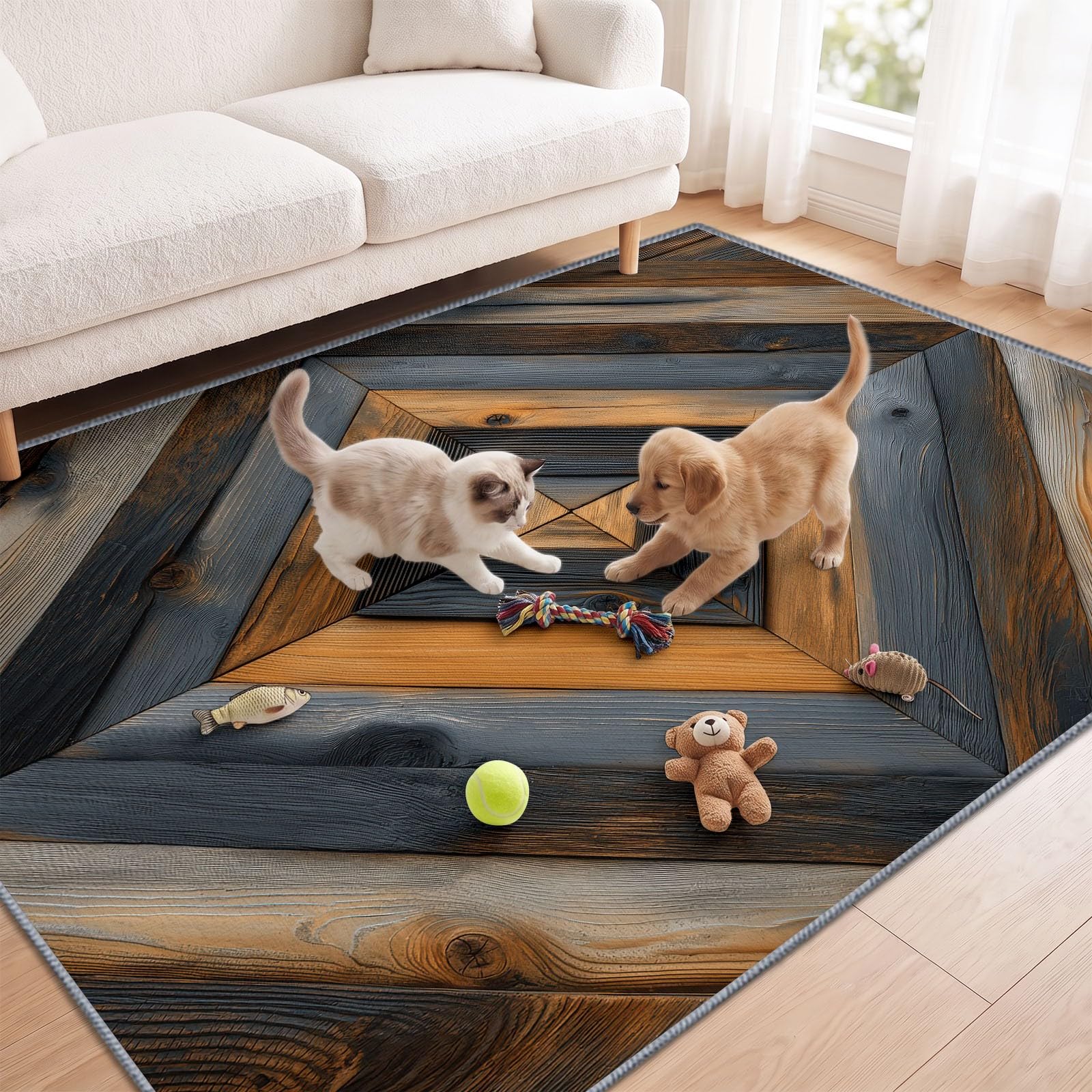Tapis Salon Rustique Naturel Lavable 120 x 170 cm, Tapis à Poils Courts Motif Veinage du Bois Losanges Géométriques Antidérapant Doux Idéal pour Salle À Manger Chambre d'enfant Bureau