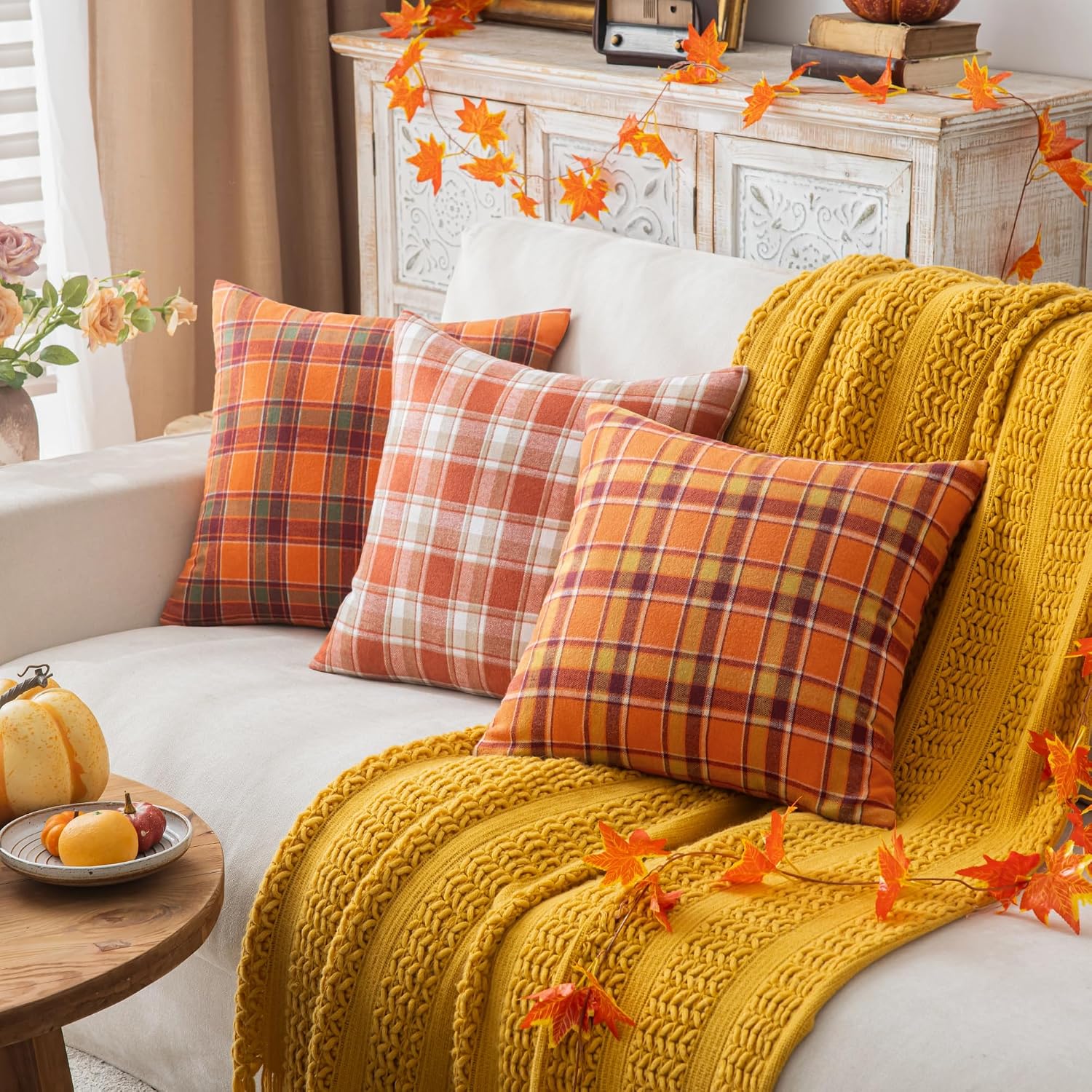 AQOTHES Fall Plaid Orange Light Throw Pillow Covers 18x18 Inch Set of 2 image 3