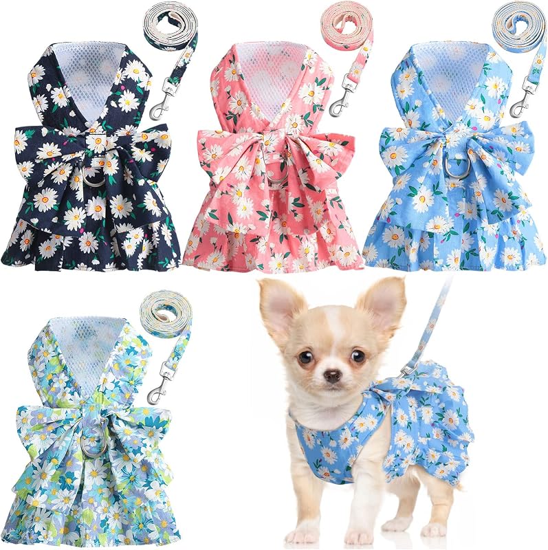 Sanwuta Paquete de 4 arnés para perro, vestido con lazo, juego de correa floral de princesa, arnés para perro, chaleco con correa, trajes para perros para caminar al aire libre, 4 colores (pequeño)