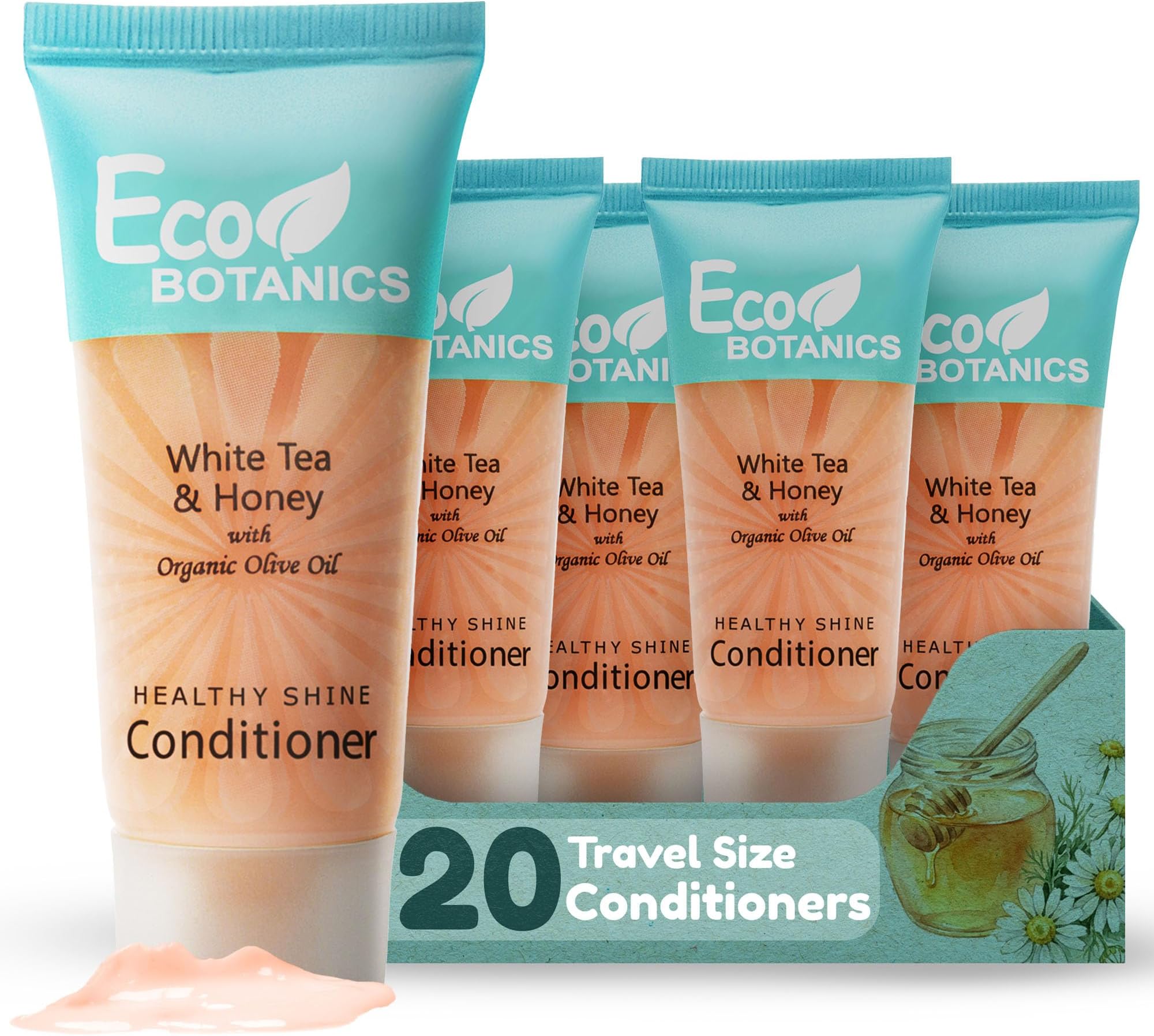 Travel Size Hotel Conditioner 20 Count 0.85 oz Bottles Guest Amenities | Vacation Rentals and Short Term Rentals Paraben Free White Tea Scent Infused with Aloe Honey and Olive Oil by Eco Botanics