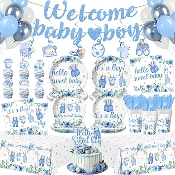 202PCS Blue Baby Boy Shower Decorations Tableware Set, 24 Serves Disposable Plates Napkins Cups Set with Banner Plates Napkins Balloons Tableware Cake Topper for Baby Boy Baby Shower Decorations