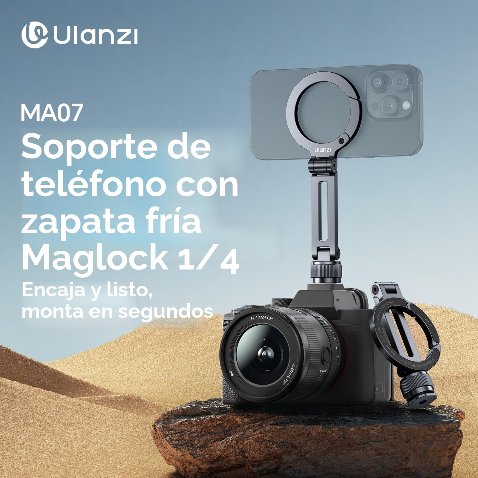 ULANZI MA07 Soporte Magnético para Trípode de Teléfono MagLock con Zapata de 1/4", Adaptador de Aluminio con Ángulo Ajustable Magsafe para iPhone/Android/Cámara/Luz/Trípode