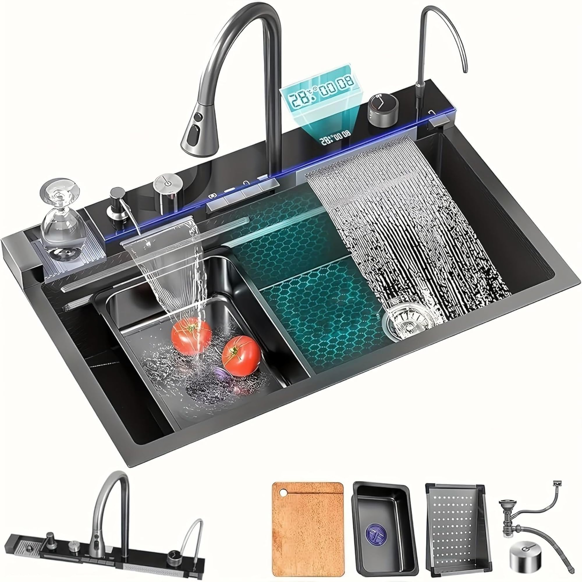LUMS Fregadero de Cocina Multifuncional Acero Inoxidable Negro, Fregadero 1 Seno con Grifo Cascada, Pantalla Digital y Luz LED, Incluye Lava Vasos y Accesorios