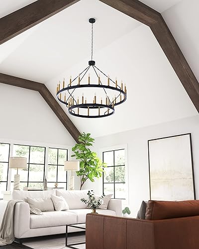 Miniatura 2 de yzzy Candelabro de 36 luces estilo vela de 2 niveles estilo vela colgante de 47 pulgadas, candelabros de hierro forjado para sala de estar, pasillo,