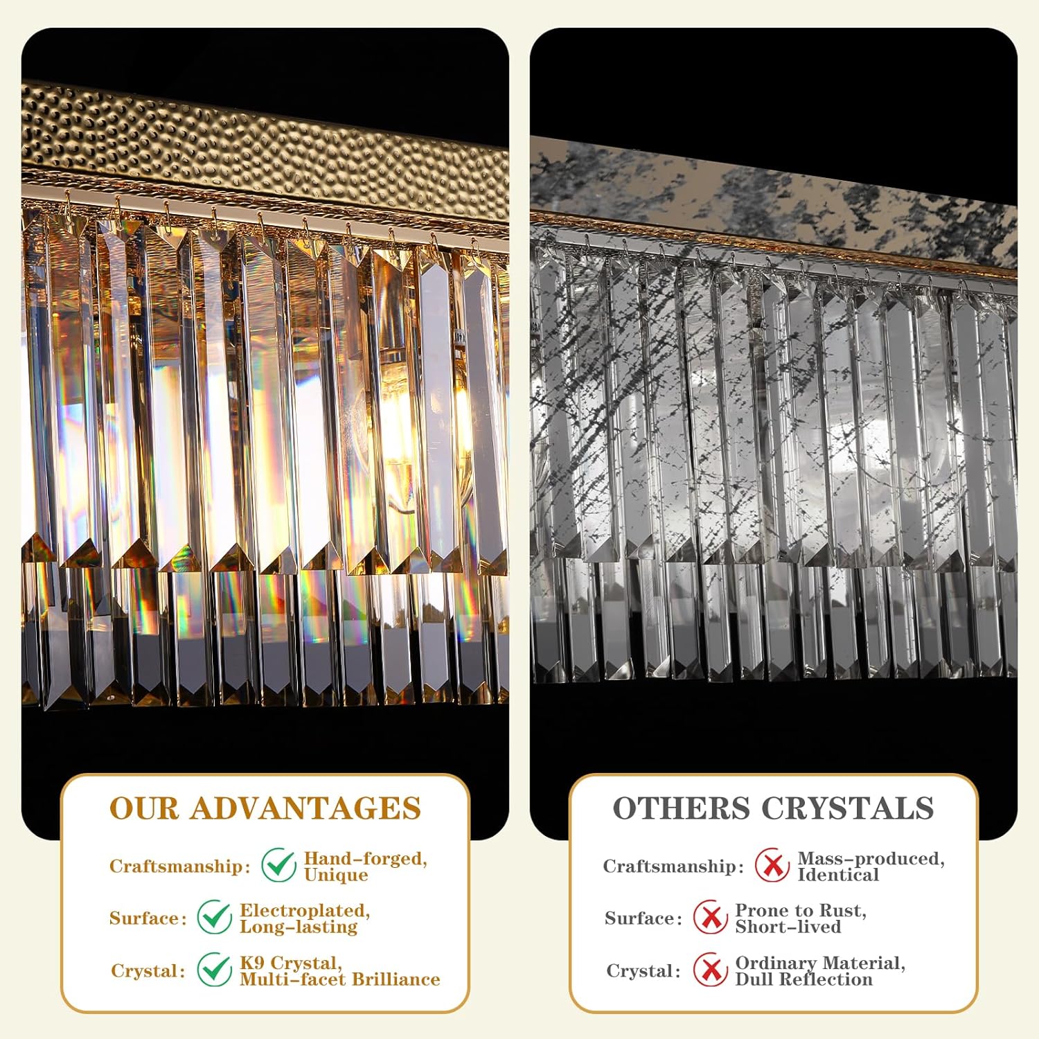 40" Rectangle Flush Mount Ceiling Light Fixture for Dining Room Over Table, 8-Light Modern Crystal Gold Chandelier with Hand-Hammered Metal Frame for Living Room,Kitchen Island,Hallway,Foyer