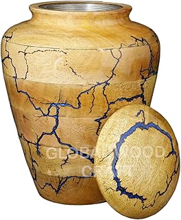 Mango Wood and Resin Fractal Burning Urn with Lid, Handmade, for Adult Ashes, Pets Funeral Urn Human Ash Male Female Ashes, Natural, SKU 90