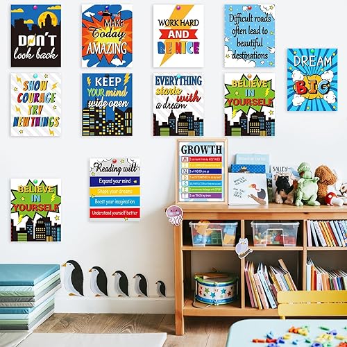 Miniatura 6 de ZOIIWA 12 pósteres con cita inspiradora de héroe temático, decoración de aula con temática de héroe, juego de recortes motivacionales de mentalidad