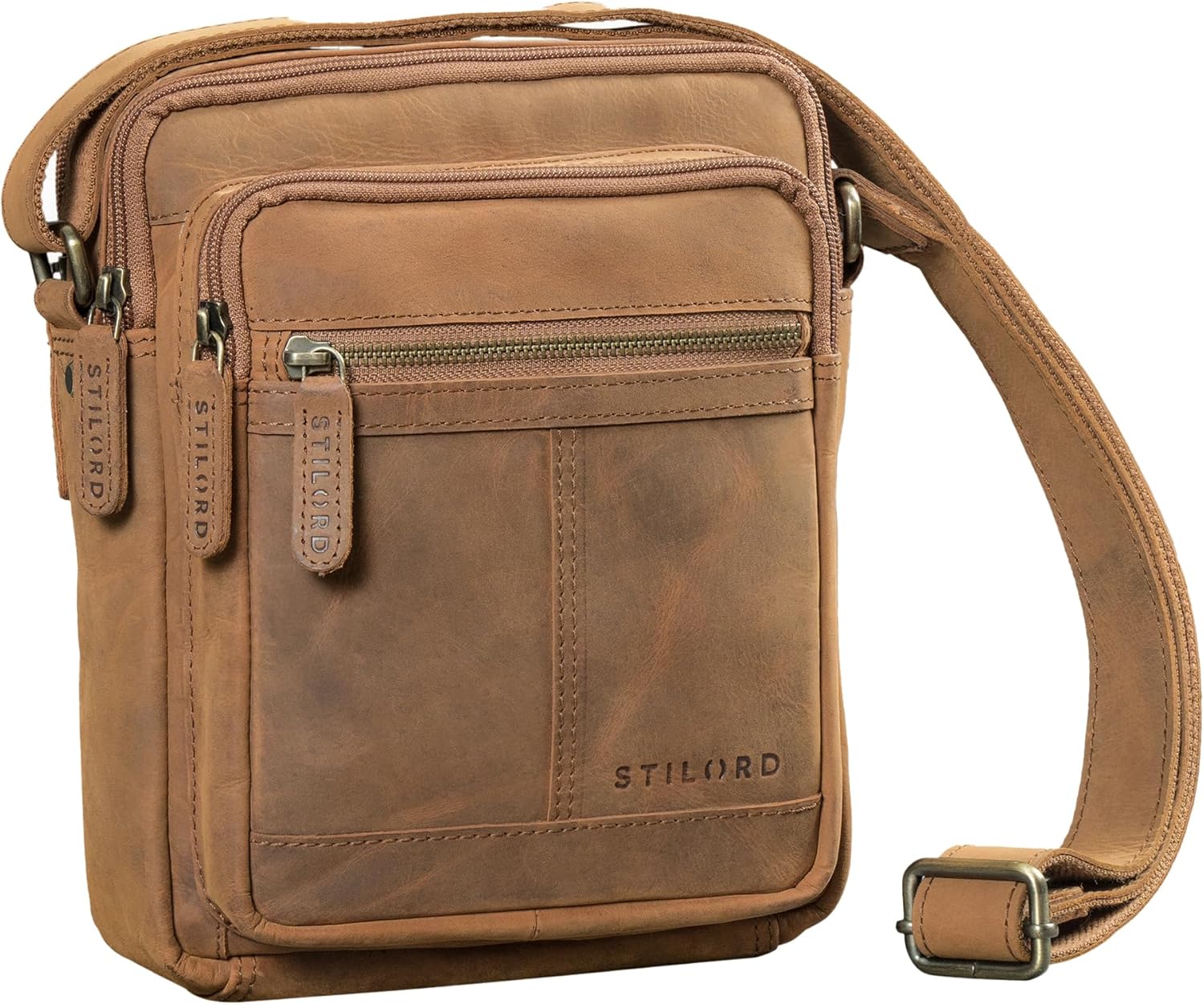 STILORD 'Zac' Kleine schoudertas heren lederen bruine schoudertas DIN A5 voor heren Vintage heren tas gemaakt van echt vol leder, Kleur:cognac/bruin