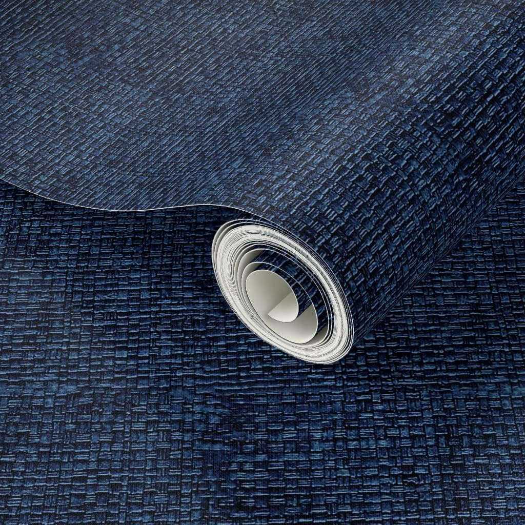 Peel & Stick Wallpaper 3ft x 2ft - Solid Navy Dark Blue Indigo Faux Woven Textured Look Custom Removable Wallpaper by Spoonflower