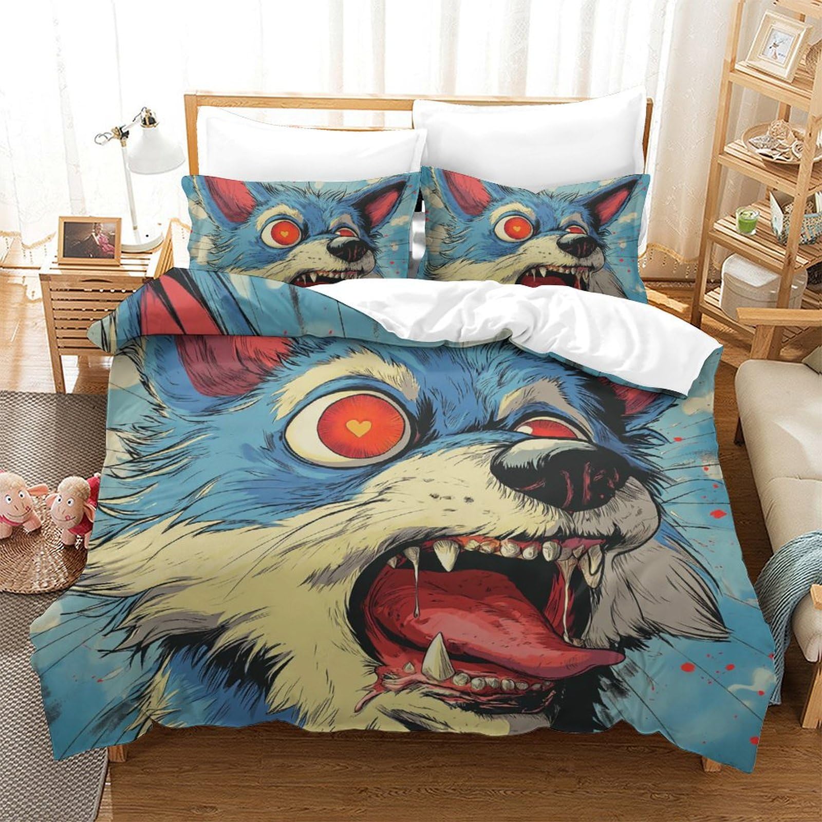 Housse de couette loup 220x240 anti-plis avec fermeture éclair pour lit King 3pcs