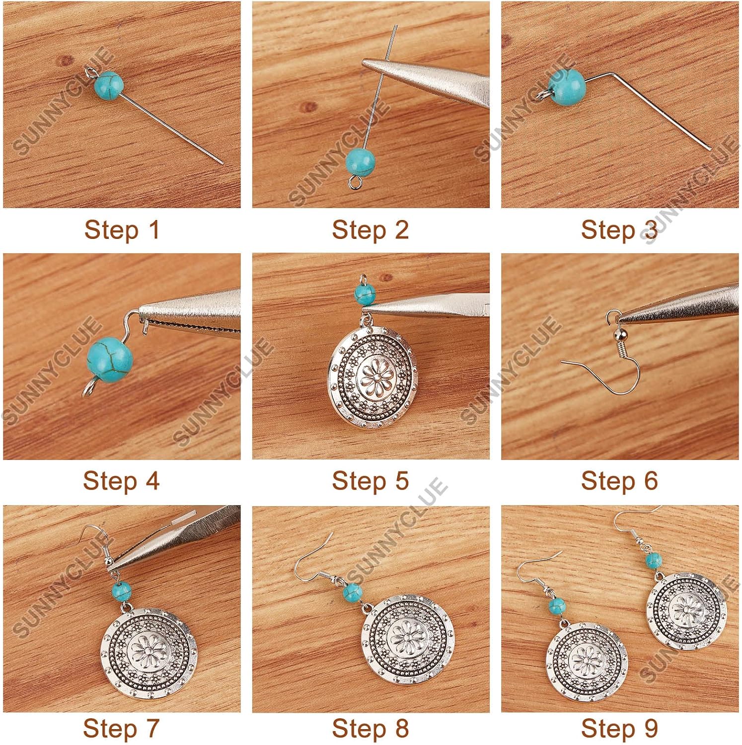 SUNNYCLUE 1 Box DIY 10 Pairs Tibetan Style Chandelier Charms Earrings Making Kit Flower Charm Flat Round Linking Charm Synthetic Turquoise Beads Feather Charms for Jewelry Making Kits Adult Women