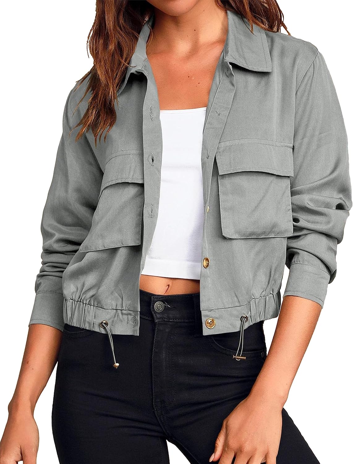 Womens Military Safari Cropped Jacket Casual Button Down Lightweight Drawstring Utility Anorak Coat with Pockets