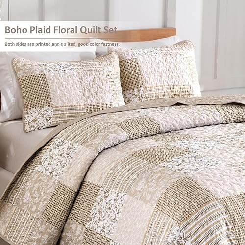 Vista 151 de Mybedsoul - Juego de edredón floral a cuadros color azul aguamarina de 3 piezas tamaño King, bohemio, de microfibra ligera, para todas