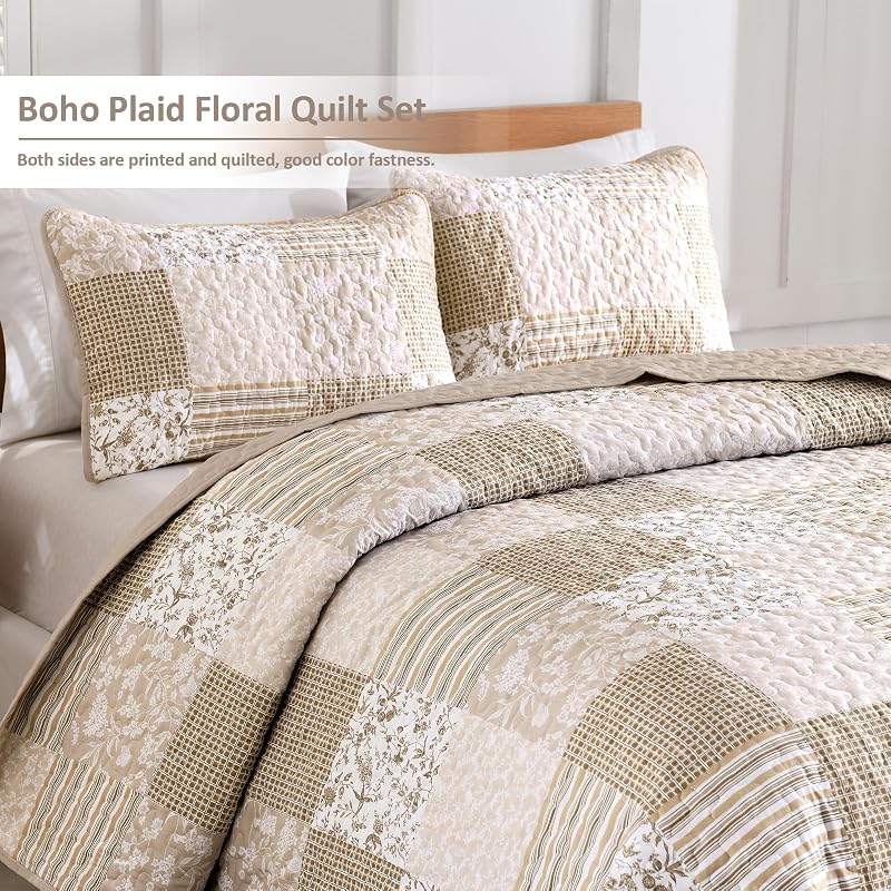 Mybedsoul Boho Quilts Queen Size, Beige Patchwork Floral Bedding Set image 2