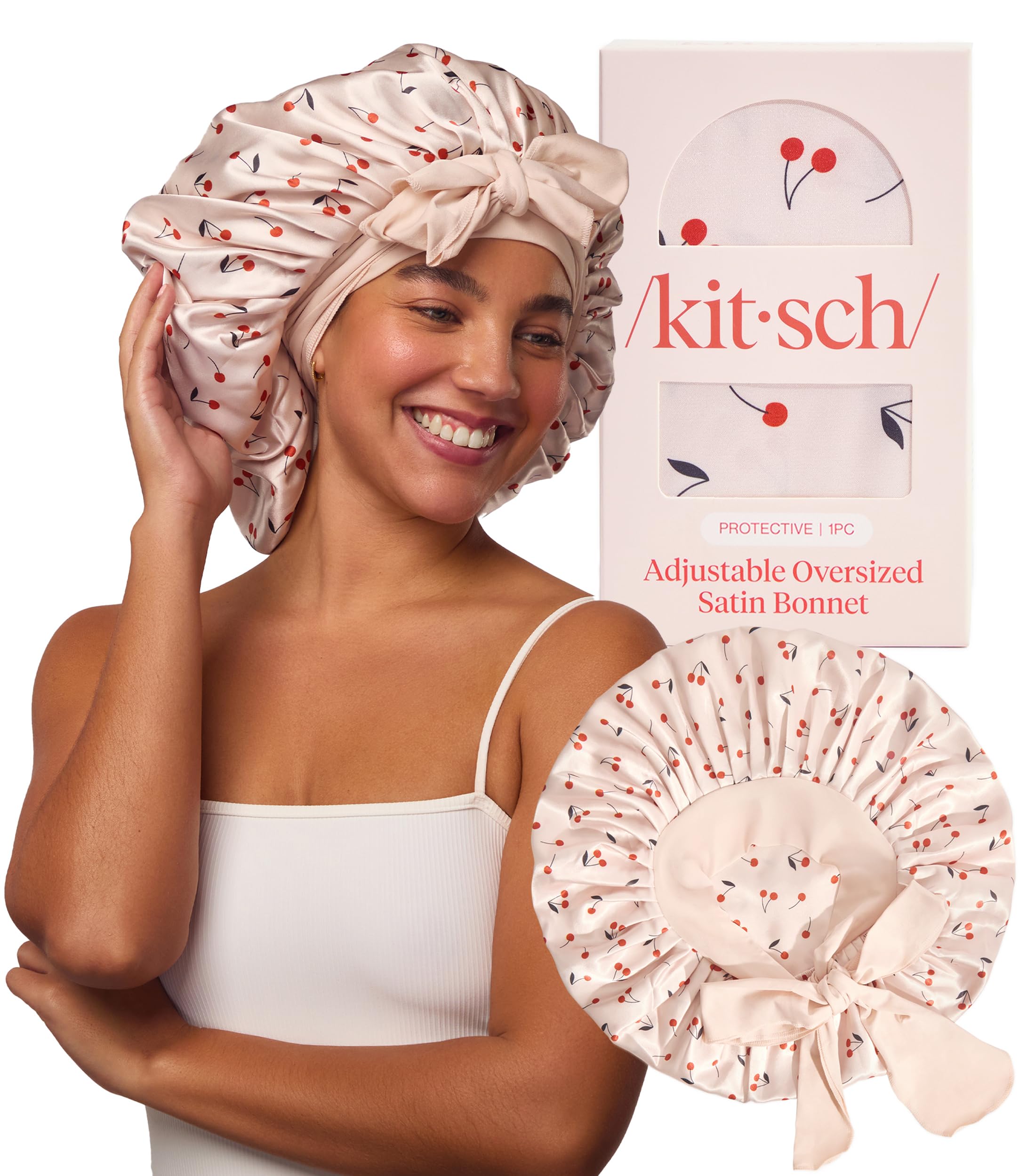 Kitsch XL 새틴 보닛 수면용 - 잠자는 여성용 실크 보닛보다 부드러움 - 안전한 핏, 조절 가능, 곱슬머리 및 질감이 있는 모발을 위한 나이트 캡 - 파손, 엉킴 및 얇아짐 방지 - 체리 프린트