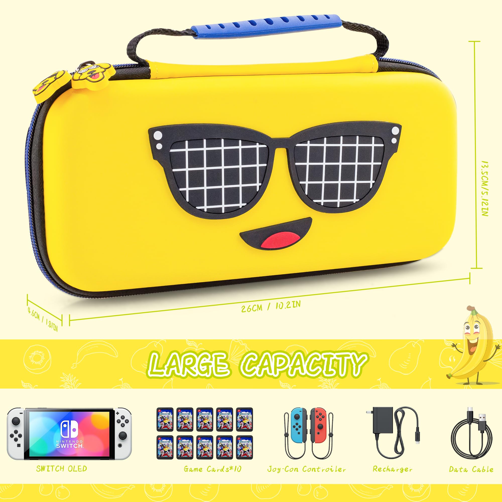FUNDIARY Custodia da trasporto gialla compatibile con Nintendo Switch OLED, grazioso pacchetto di accessori a banana per console Switch con guscio protettivo rigido per PC, pellicola protettiva HD e 2