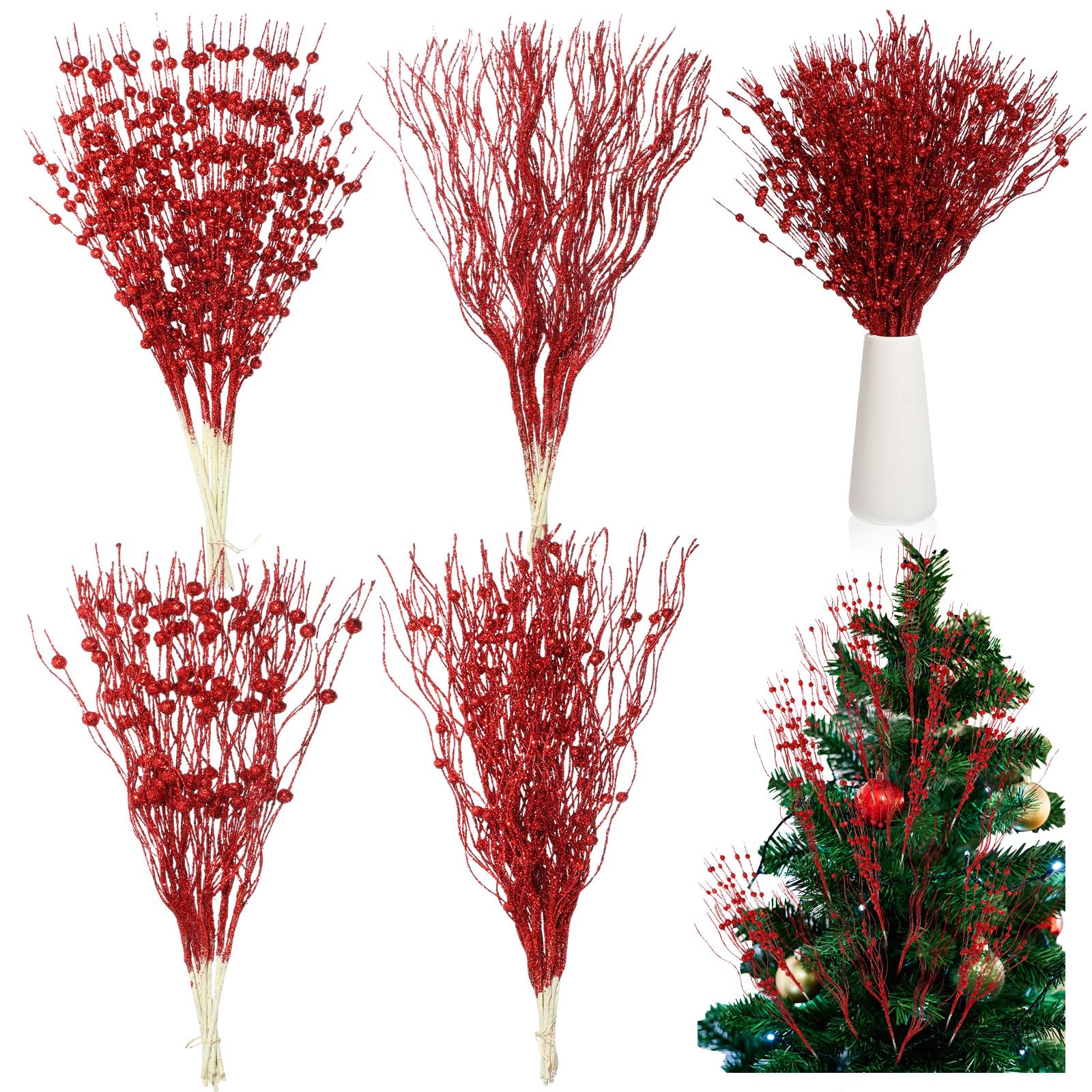 36 Stück Weihnachtsbaum-Plektren, 4 Stile, künstliche Glitzer, Beerenstiel, Weihnachtsschmuck, glitzernde Zweige für Weihnachtsbaum, Weihnachtskranz, Vasenfüller (rot)