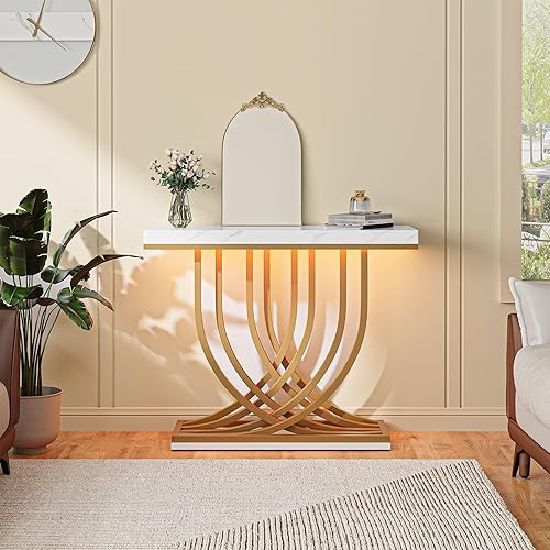 Miniatura 6 de YITAHOME Mesa consola de entrada dorada con luz LED, mesa de entrada moderna, mesa auxiliar estrecha para sofá con parte superior de mármol