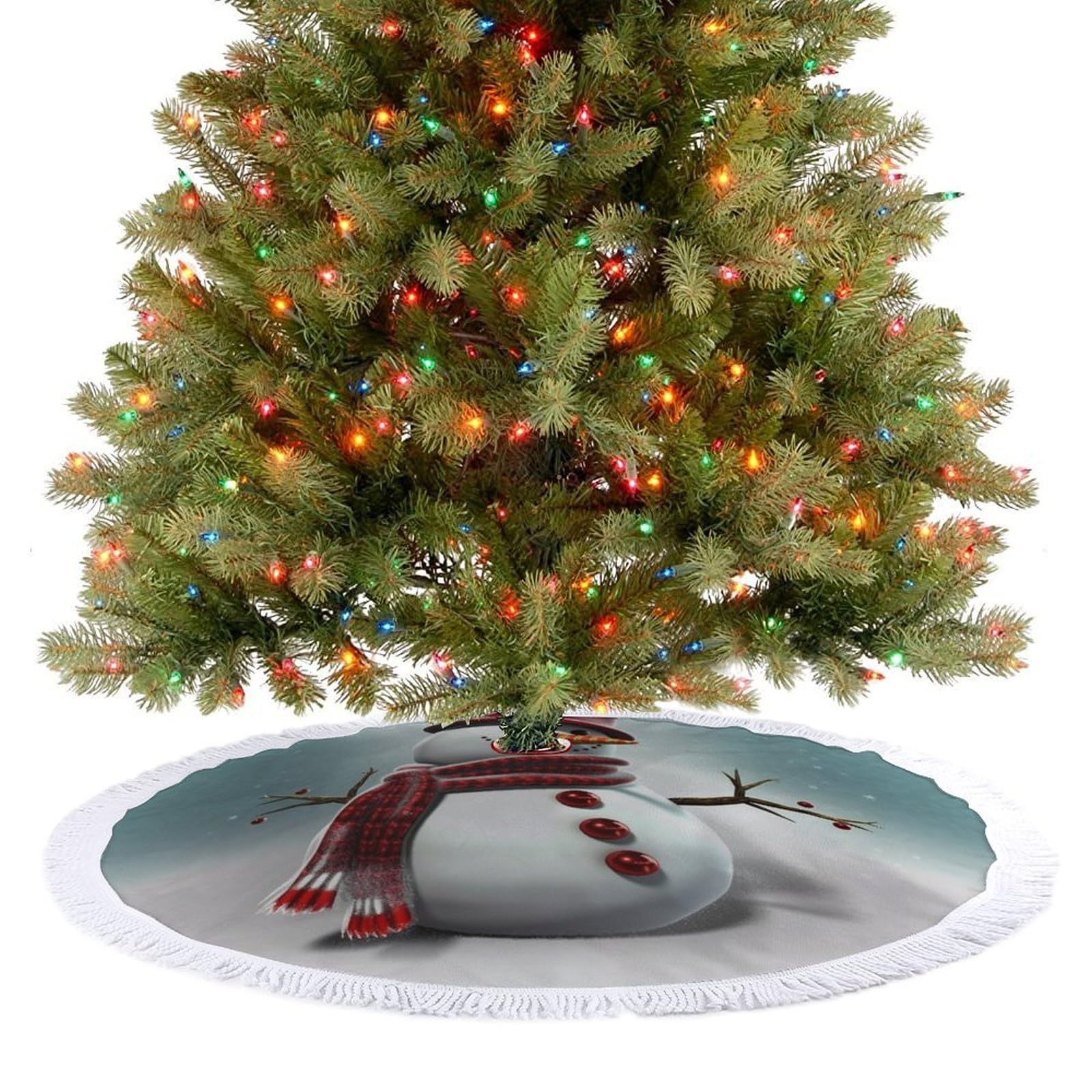 Christmas Snowman Christmas Tree Skirt 48"x48" Rustic Xmas Tree Mat with Tassel Ornament Christmas Trees Cover Skirt Mat for Evergreen Trees Ornament Winter Holiday Mats Decorations