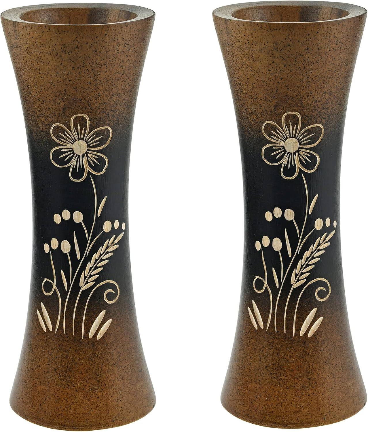 AeraVida Set of 2 Stylish Black and Brown Stain Handcarved 8-inch Flower Vase | Bali Inspired Farmhouse Home Décor