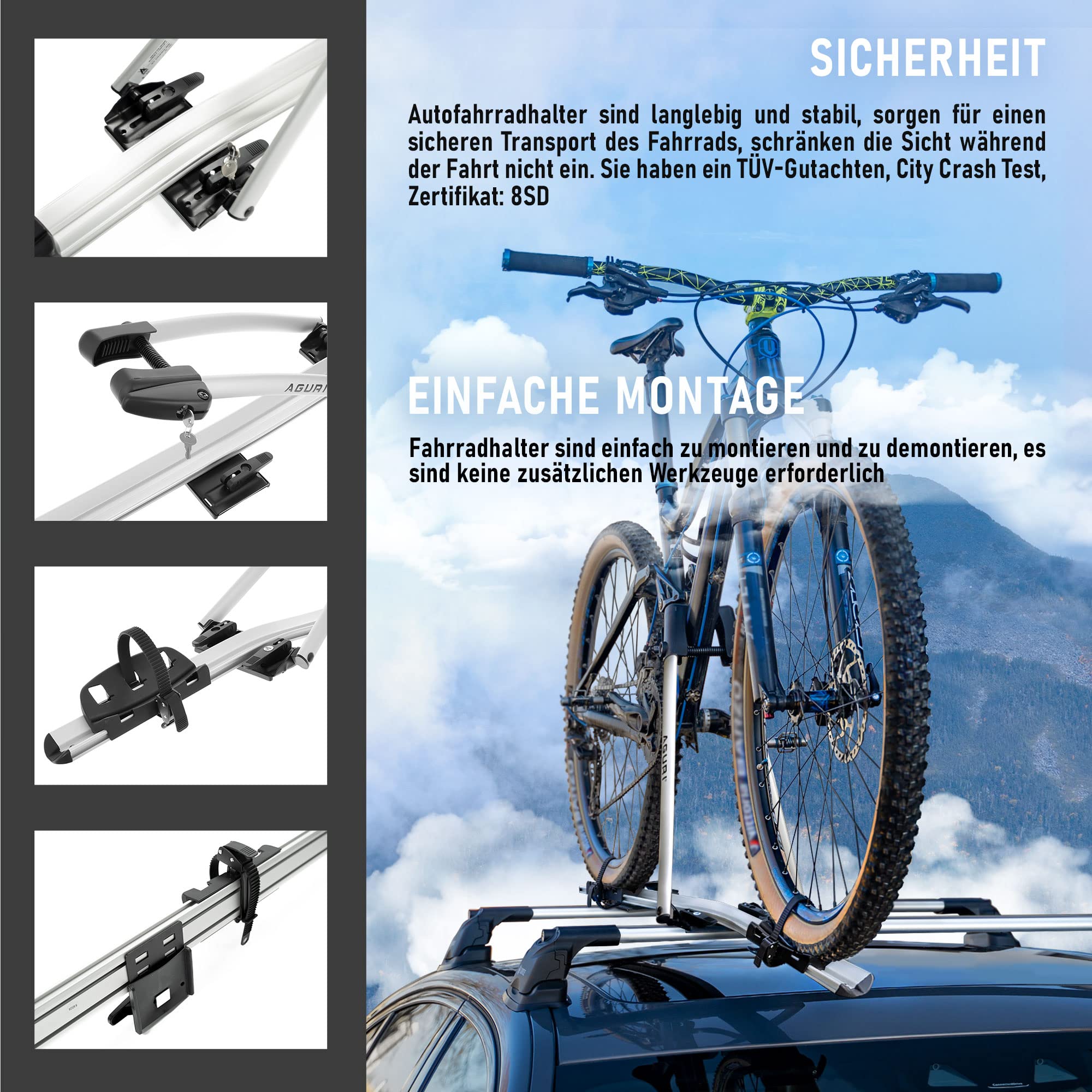AGURI ACUDA III | Fahrradträger, Fahrrad Dachträger, Universeller Fahrradhalter fürs Autodach | Abschließbar | Belastbarkeit bis 20 kg | Leichte und robuste Konstruktion aus Aluminium | TÜV