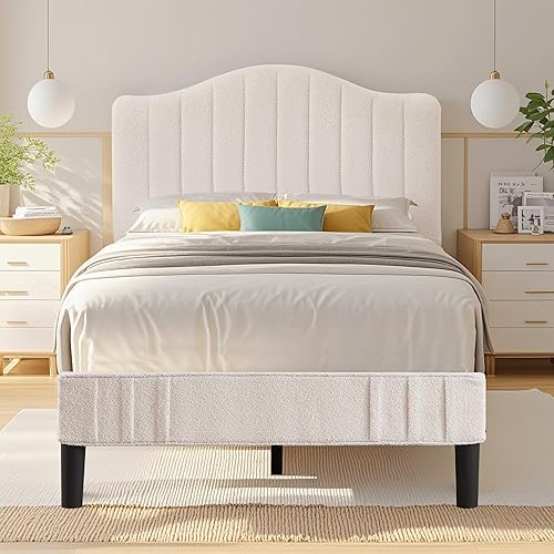 Miniatura 51 de VECELO Base de cama individual tapizada con cabecera de tela de peluche ajustable en altura, listones de madera fuertes que soportan 7.9 pulgadas