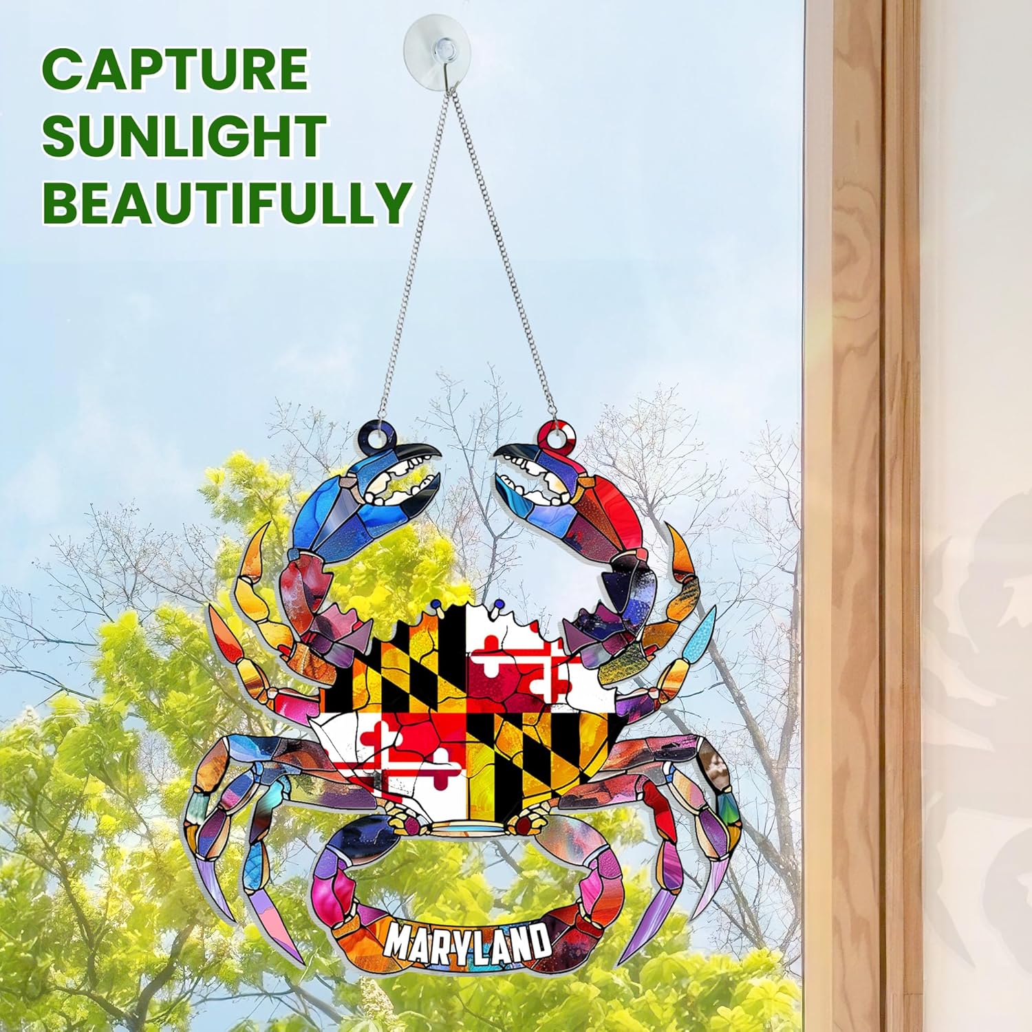 FLAGWIX Maryland Gifts for Christmas Decorations - Suncatchers for Windows Hanging 8 in - Maryland Flag Blue Crab Sun Catchers Indoor Window, State Stocking Stuffers, Sun Catcher for Home Garden Decor