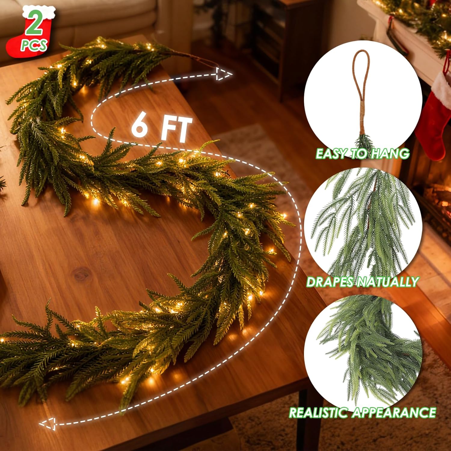 6ft artificial norfolk pine garland with lights, 2pcs christmas greenery garland for mantel fireplace table wall stair window outdoor indoor christmas decorations