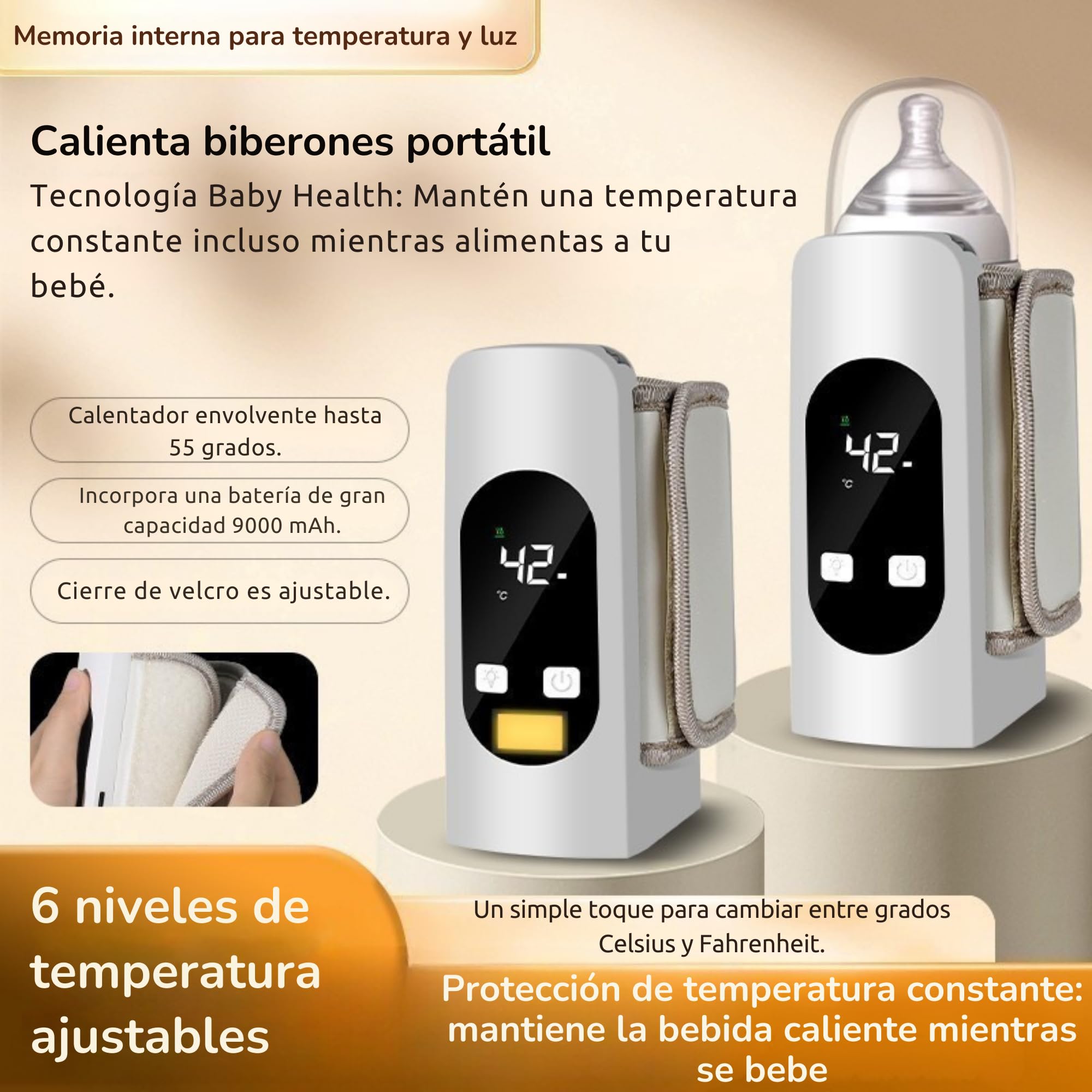 Smartia – calienta biberones portatil Modelo 2026, batería de 9000 mAh y resistente a líquidos, calentador de biberon con pantalla y luz nocturna para tu bebe, 6 niveles de Tº, Cert. CE ROSH