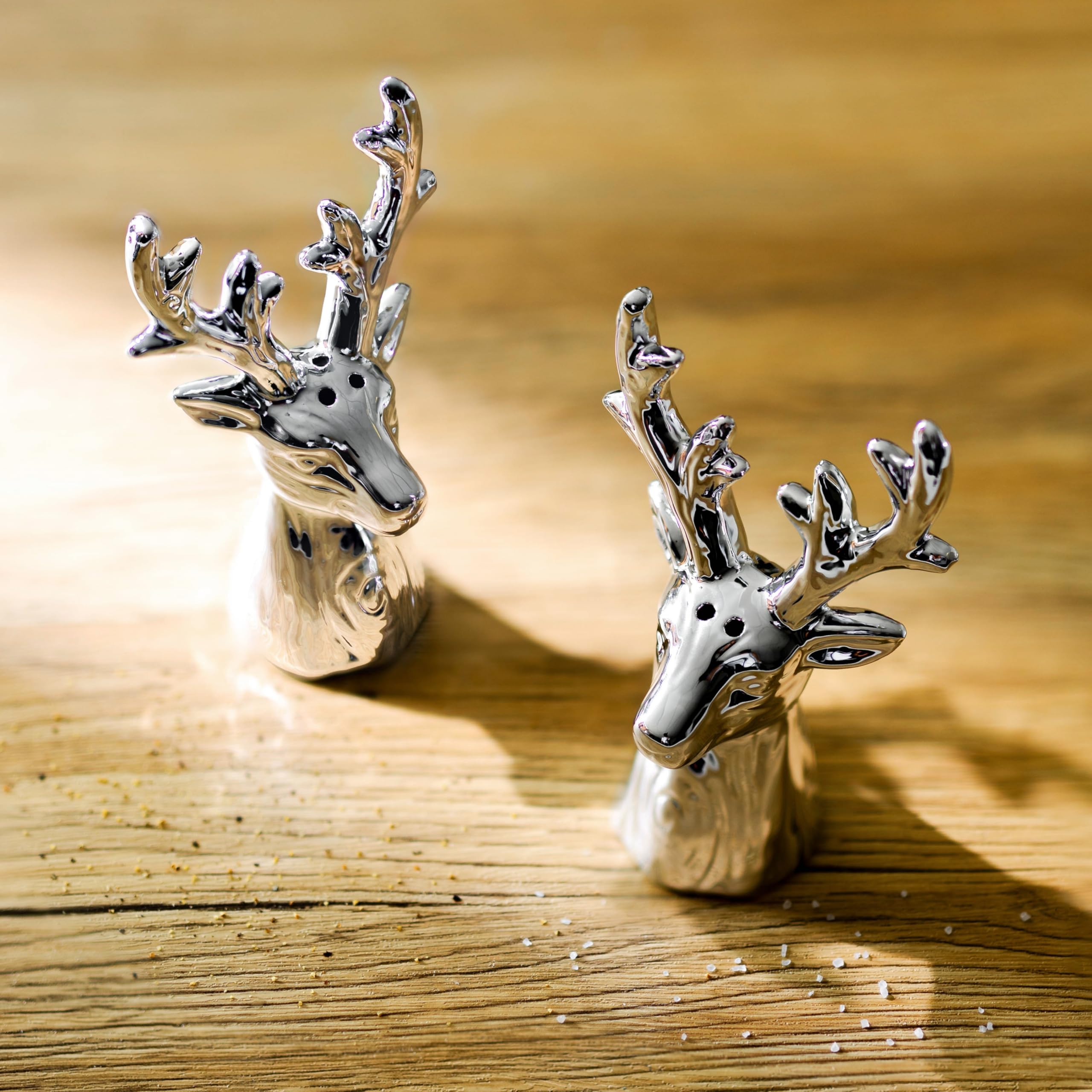Marco Paul Stag Salt and Pepper Sets - Set of 2 Durable Ceramic stag Ornaments Home Silver Salt and Pepper Shaker for Table Decoration, Kitchen Accessories for Home, Dining Table,